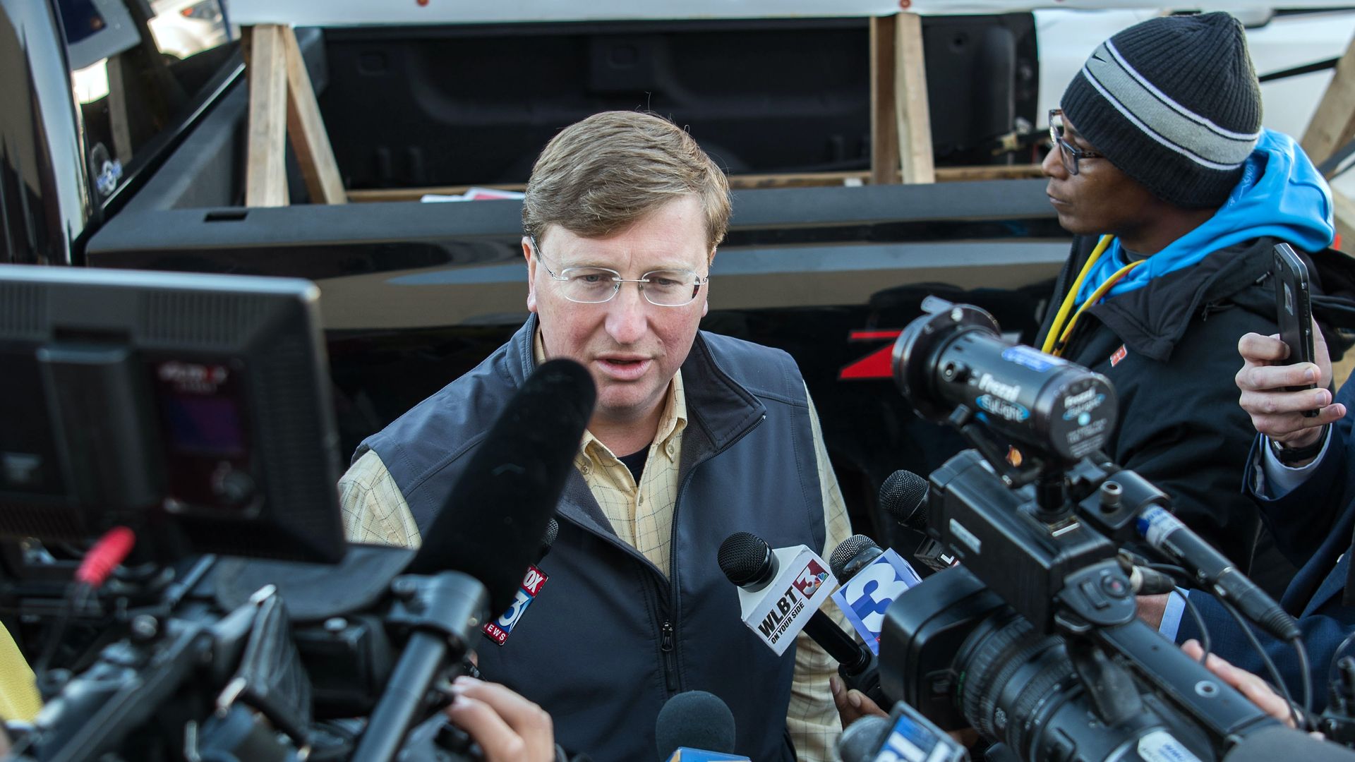 Tate Reeves speaks to the press prior to the President Trump rally in Tupelo, Mississippi on November 1