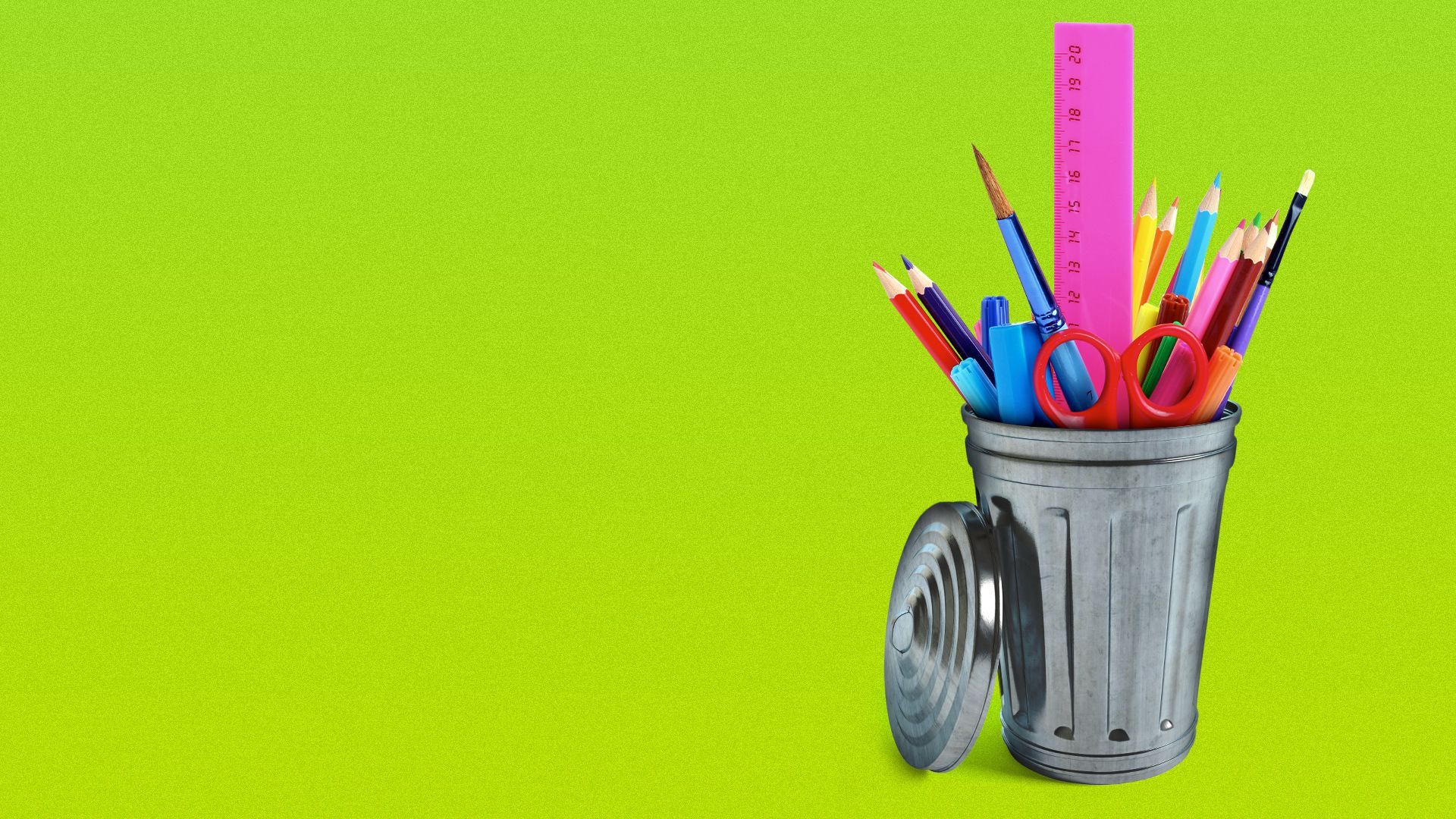 Illustration of a trash can being used as a supply cup with pencils, pens, a ruler and scissors inside.