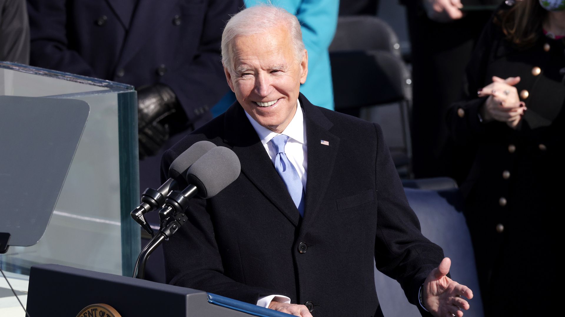 President Joe Biden reacts as he delivers his inaugural address on the West Front of the U.S. Capitol on January 20