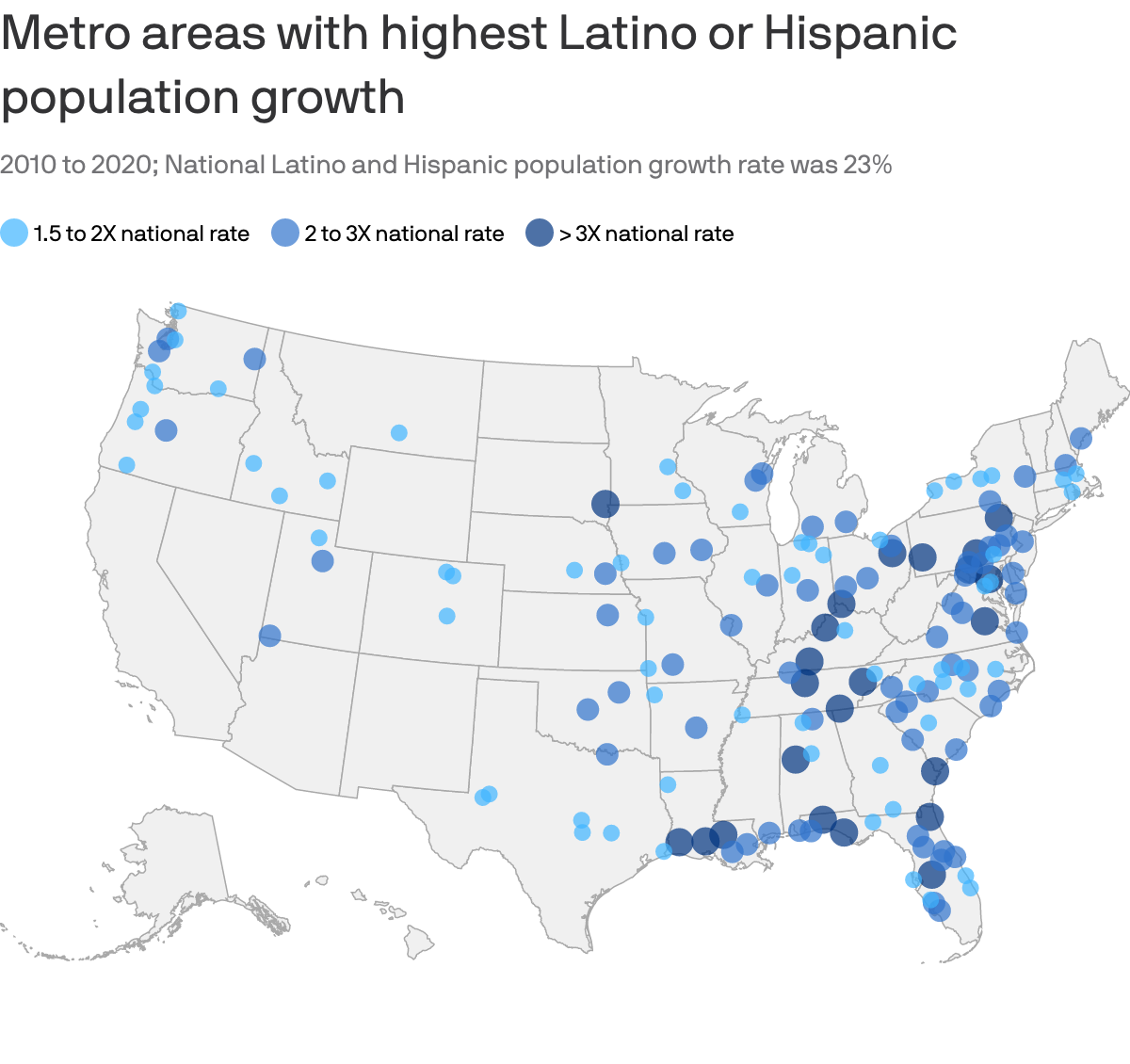 A map of metro areas with the highest Latino or Hispanic population growth