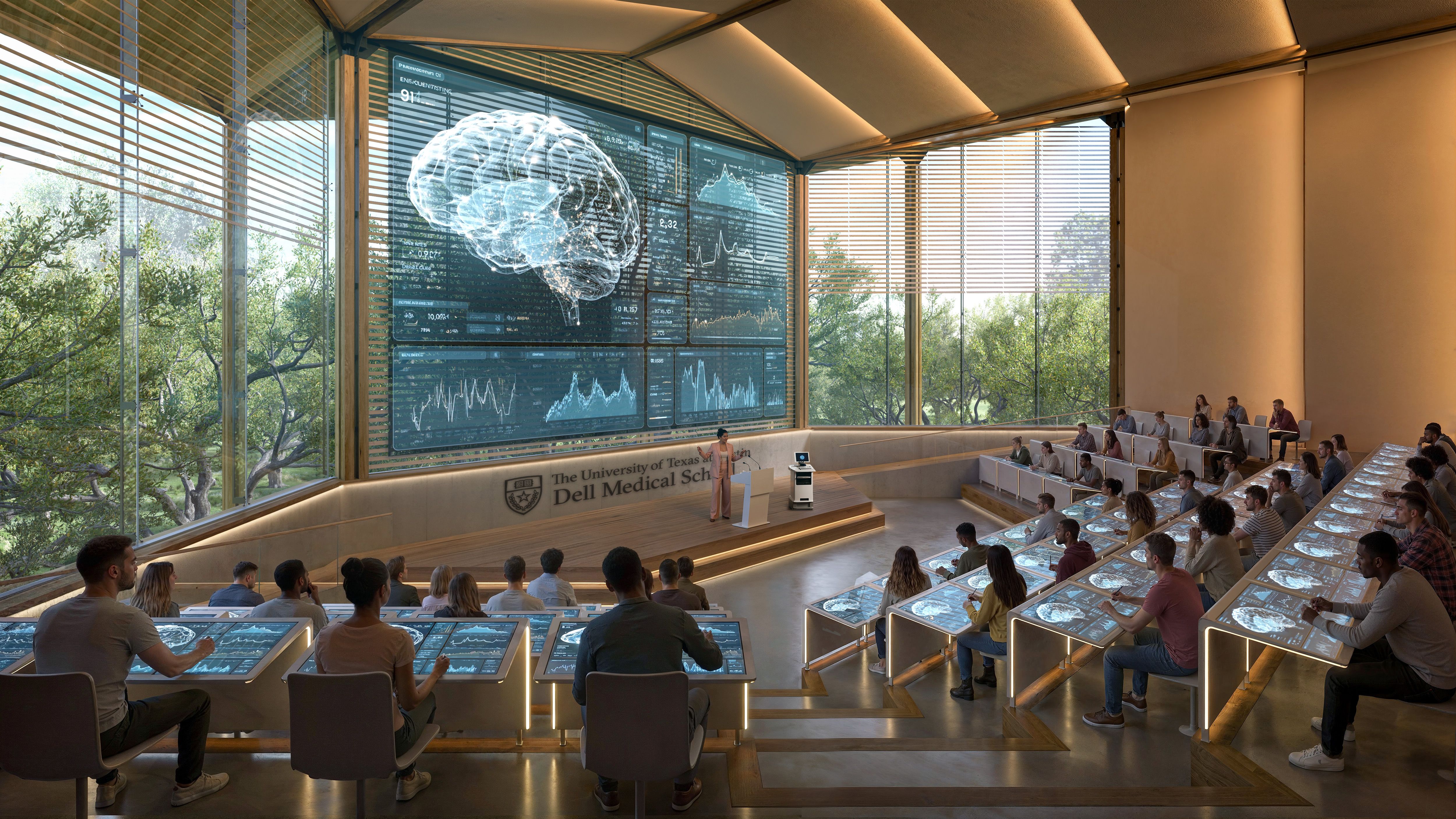 Modern lecture hall with glass walls and tiered seating; a large screen wall shows a holographic brain and charts as students use touchscreen desks, daylight streaming in.