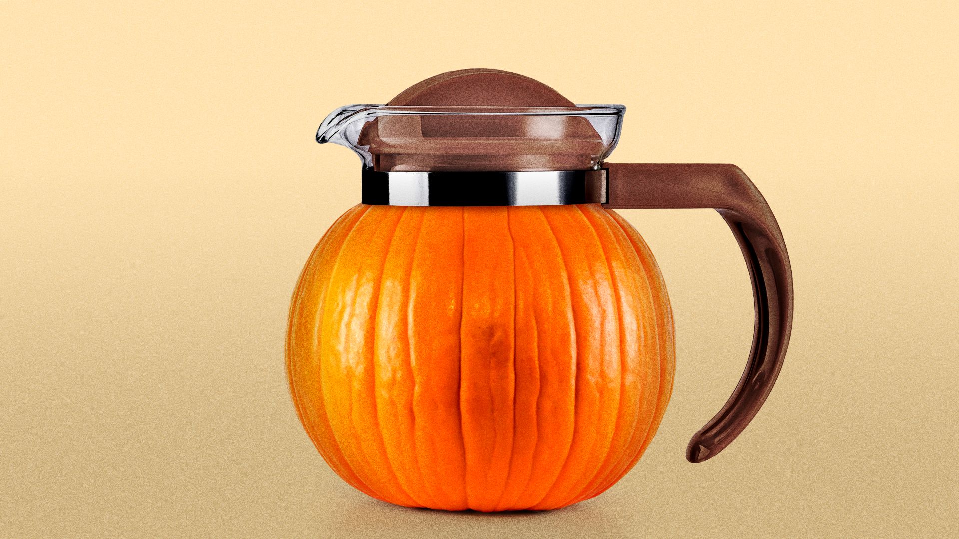 Illustration of a coffee pot with a brown handle and lid, designed to look like a round orange pumpkin, against a neutral beige background.