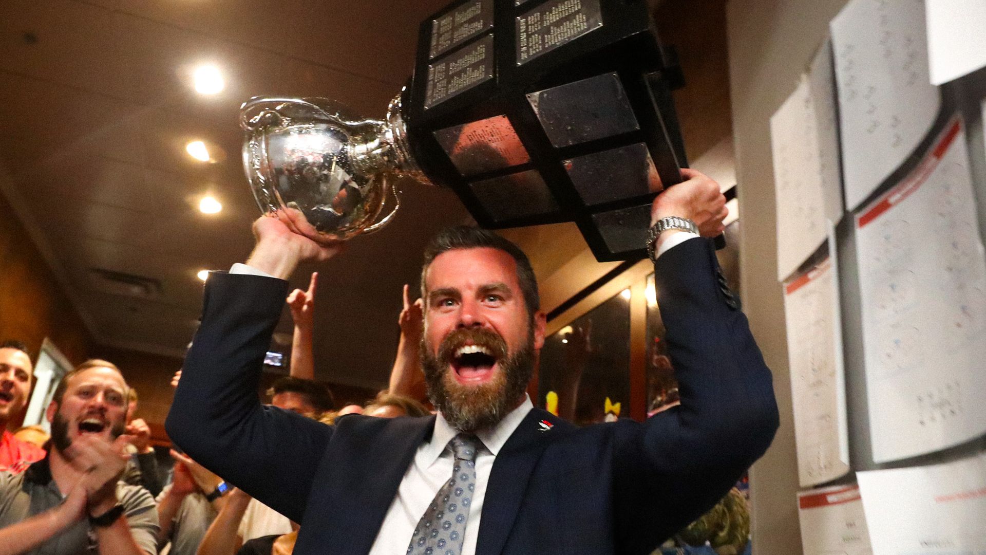 Shawn Lynch lifting the Calder Cup in 2019. 