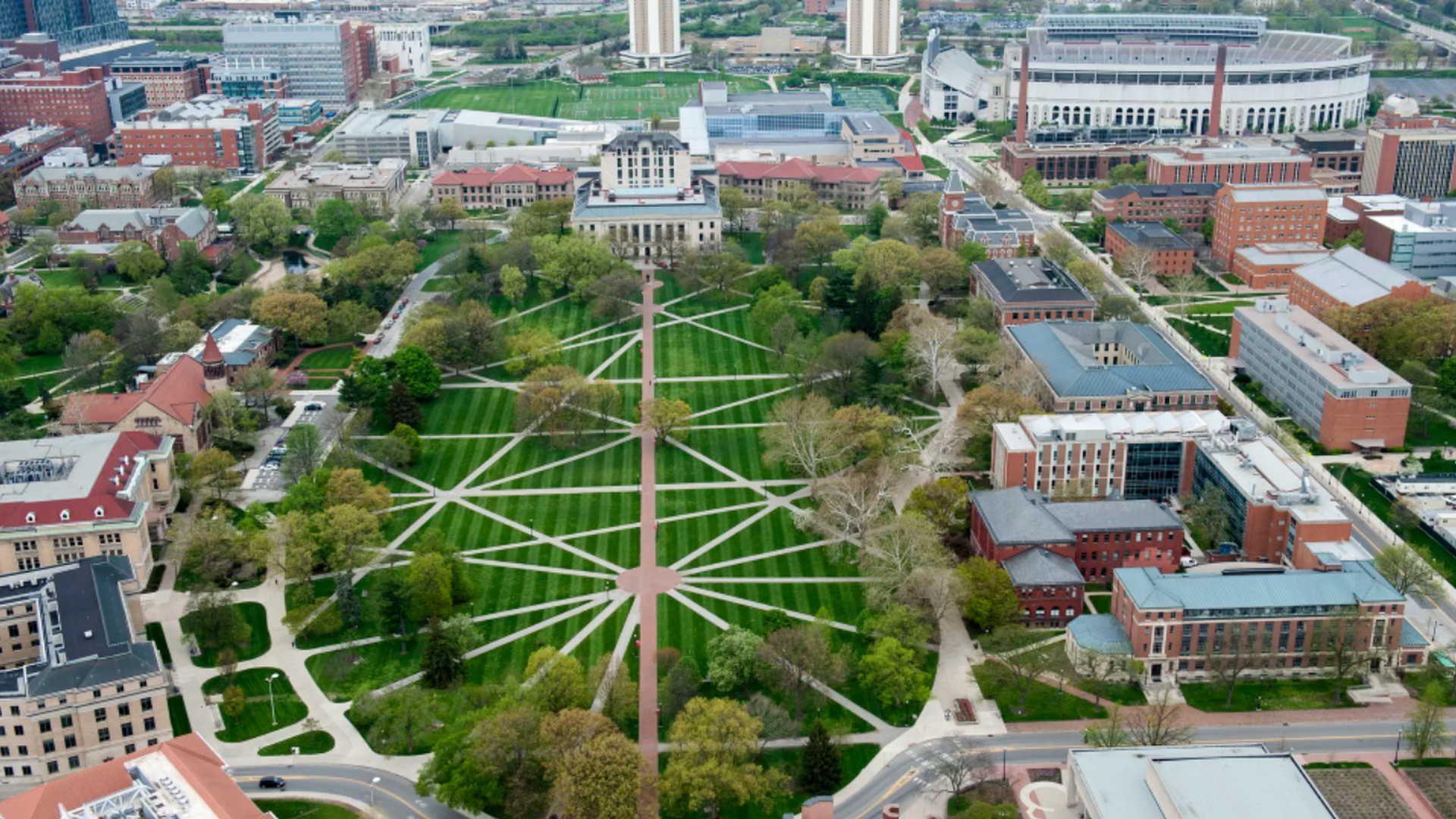 A drone overhead view of the Ohio State University campus. 