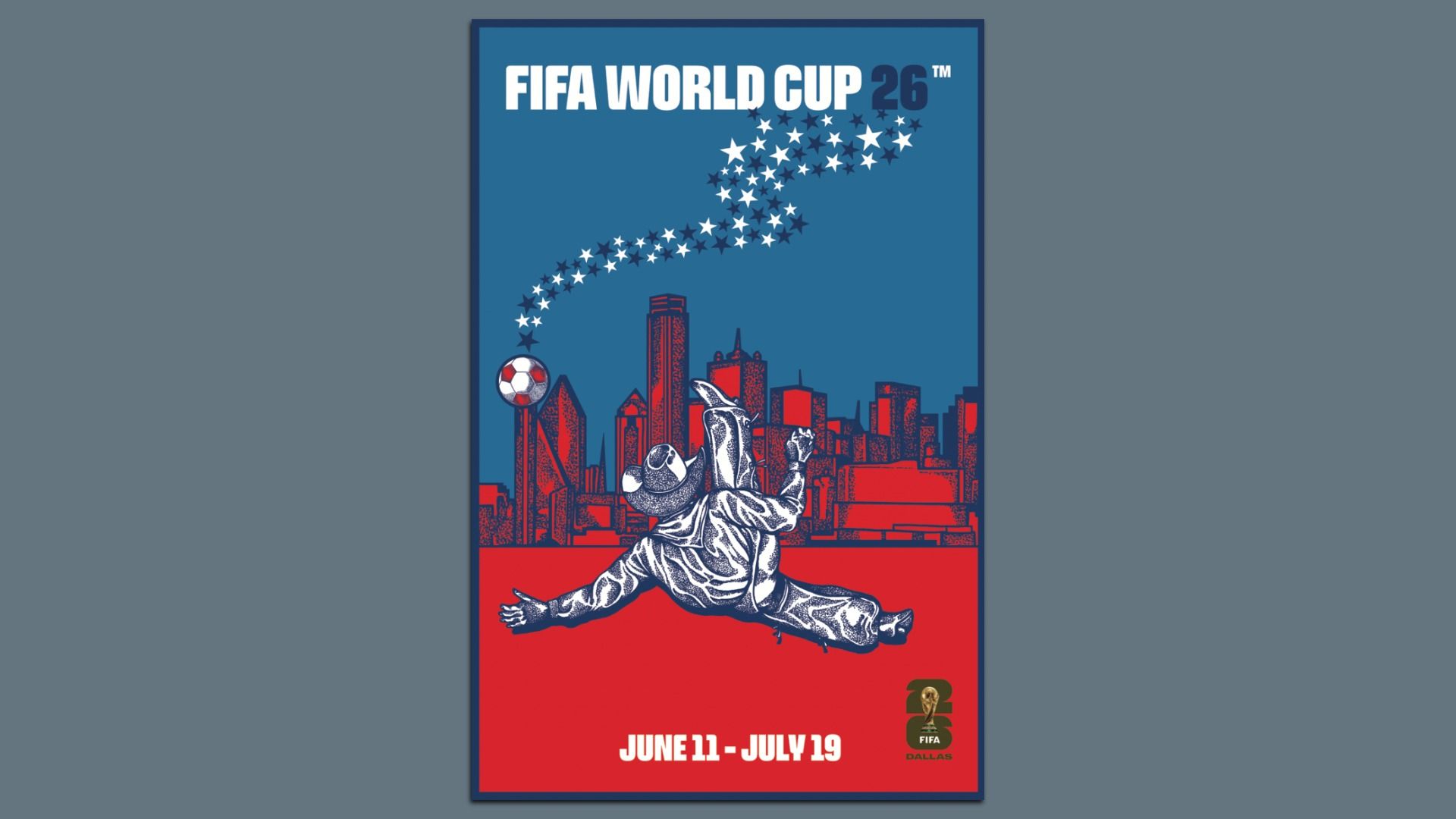 A red and blue graphic of a cowboy kicking a soccer ball into a skyline