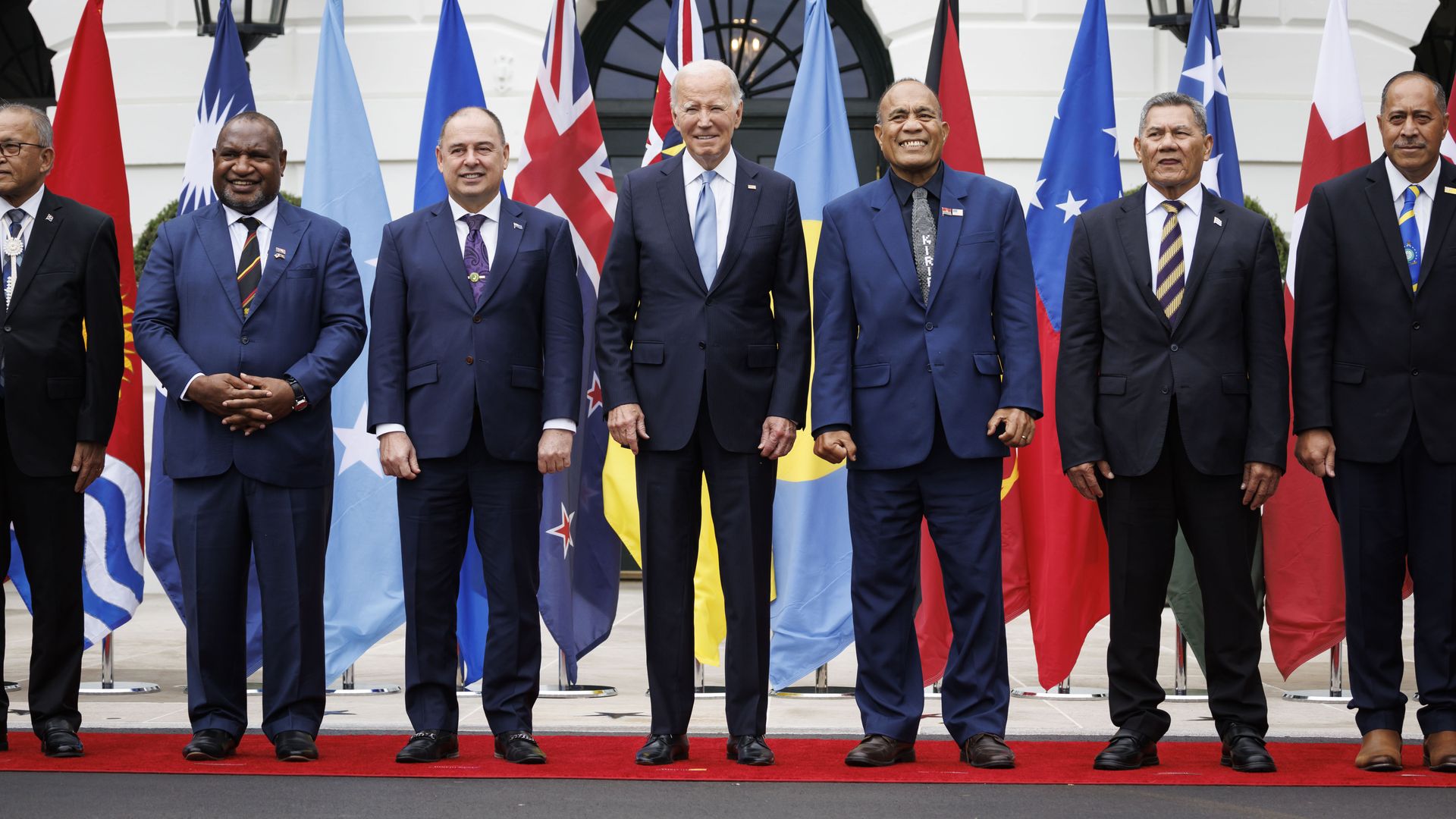 US President Joe Biden, center, during a family photograph with Pacific Islands Forum (PIF) leaders on the South Portico of the White House in Washington, DC, US, on Monday, Sept. 25, 2023. 