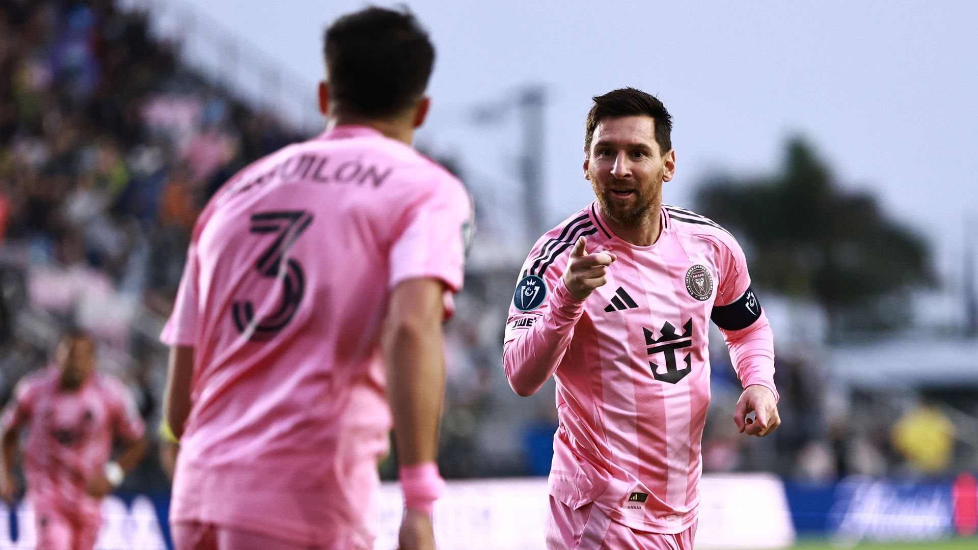 Soccer superstar Lionel Messi celebrates a goal with Inter Miami. Photo: Carmen Mandato/Getty Images