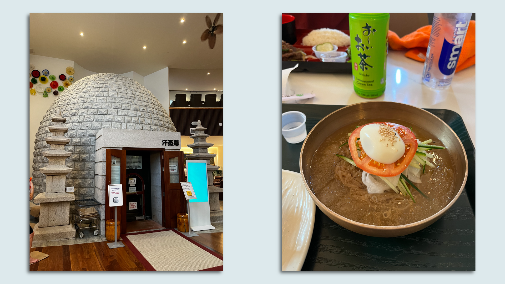 Hit the bul han jing mak sauna (left) and cool off with naengmyeon (icy noodle soup).