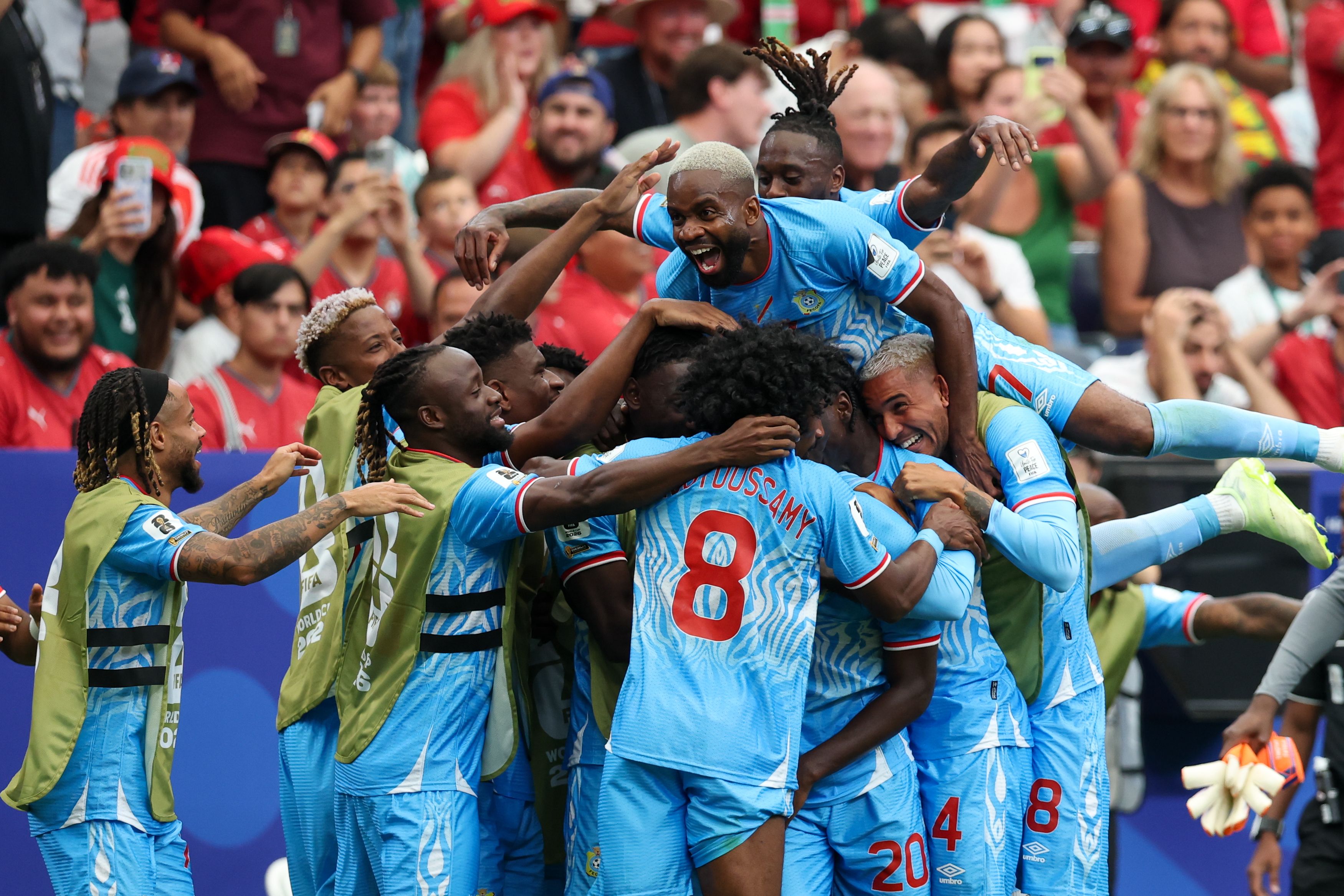 Congo players celebrate their goal against Portugal yesterday. Photo: David Buono/Icon Sportswire via Getty Images
