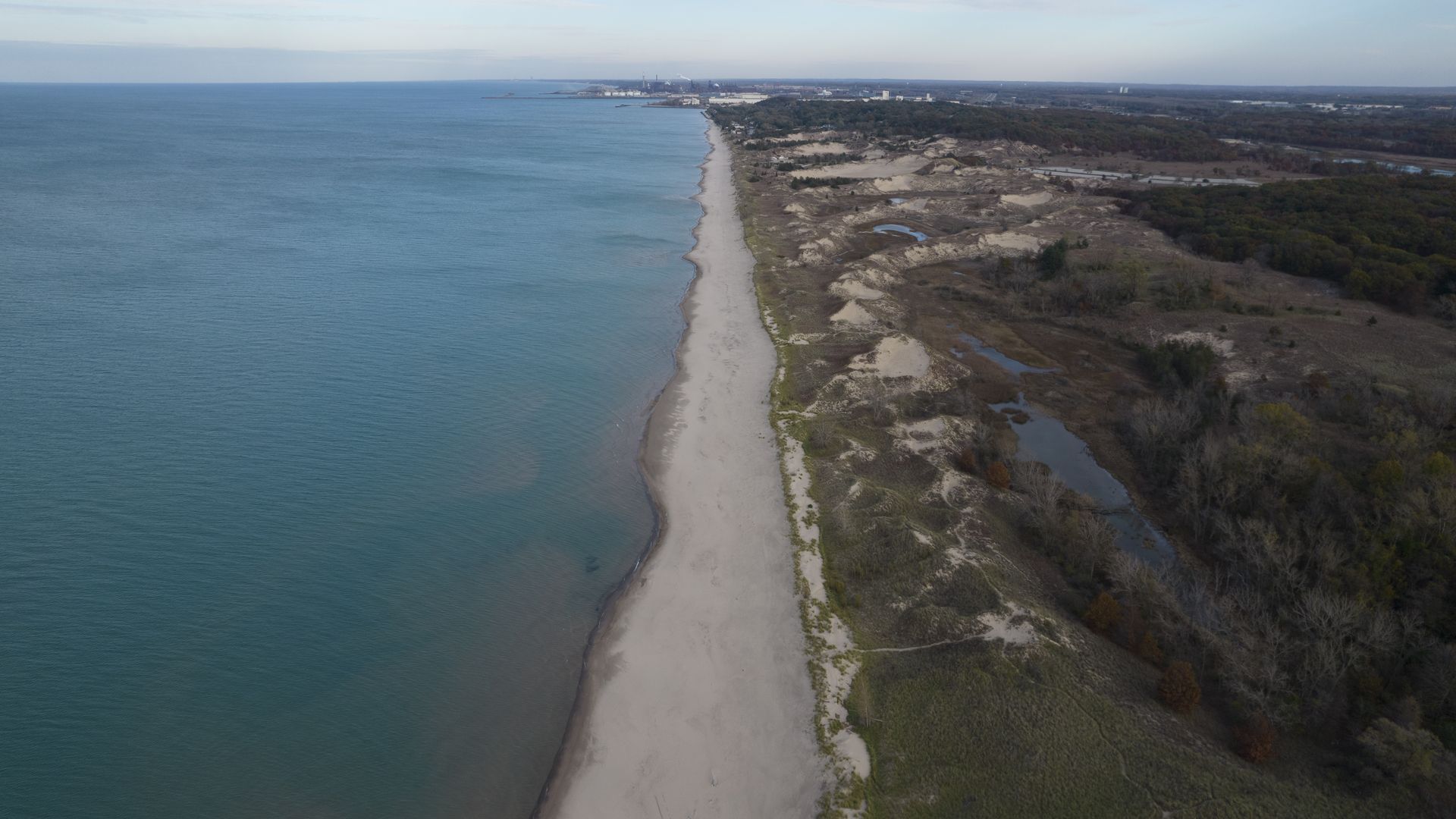 This aerial photo shows Indiana Dunes National Park and Lake Michigan near Porter, Indiana, on November 2, 2023.