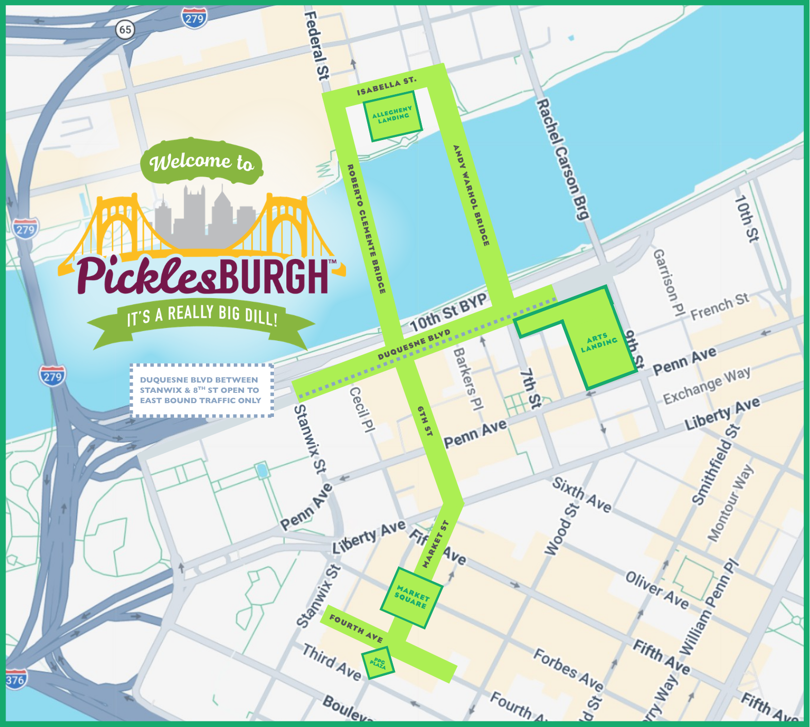 Stylized map of downtown Pittsburgh showing a neon lime-green route along the river, a yellow suspension-bridge silhouette, and the Welcome to Picklesburgh logo with a green banner.