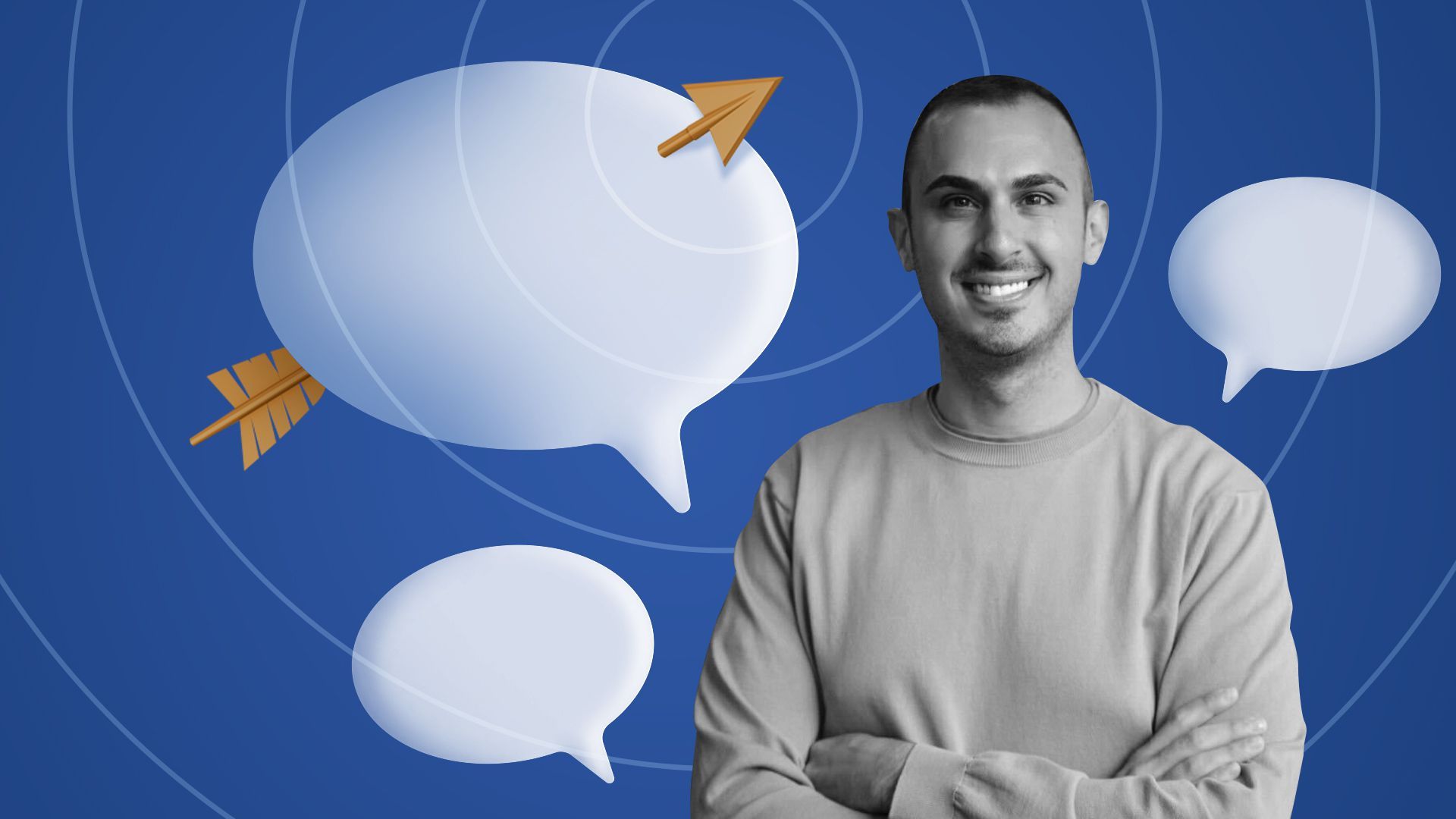 Photo illustration of Michael Kaye surrounded by speech bubbles, one speech bubble has an arrow shot through it. 