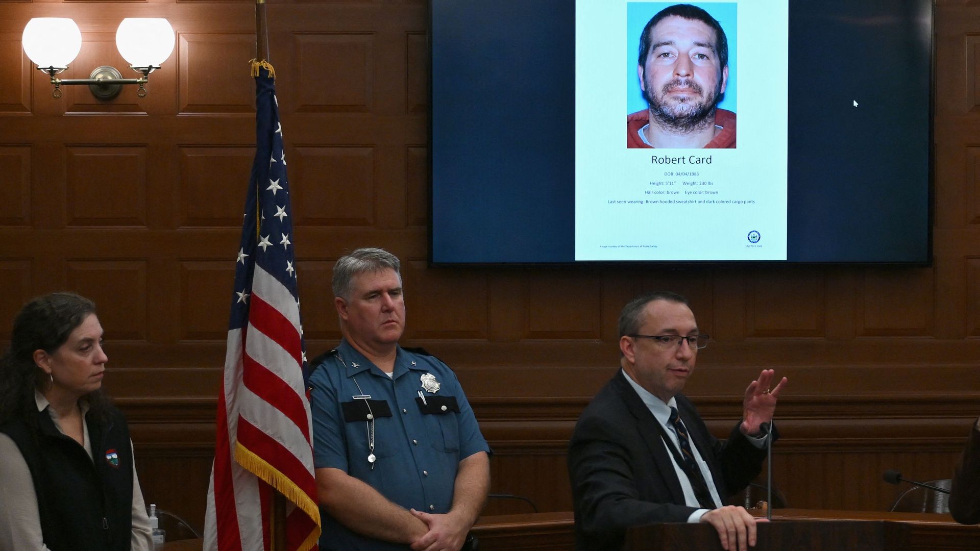 Maine Department of Public Safety Commissioner Mike Sauschuck speaks to the press in Lewiston, Maine, during a manhunt of the man behind dual mass shootings.