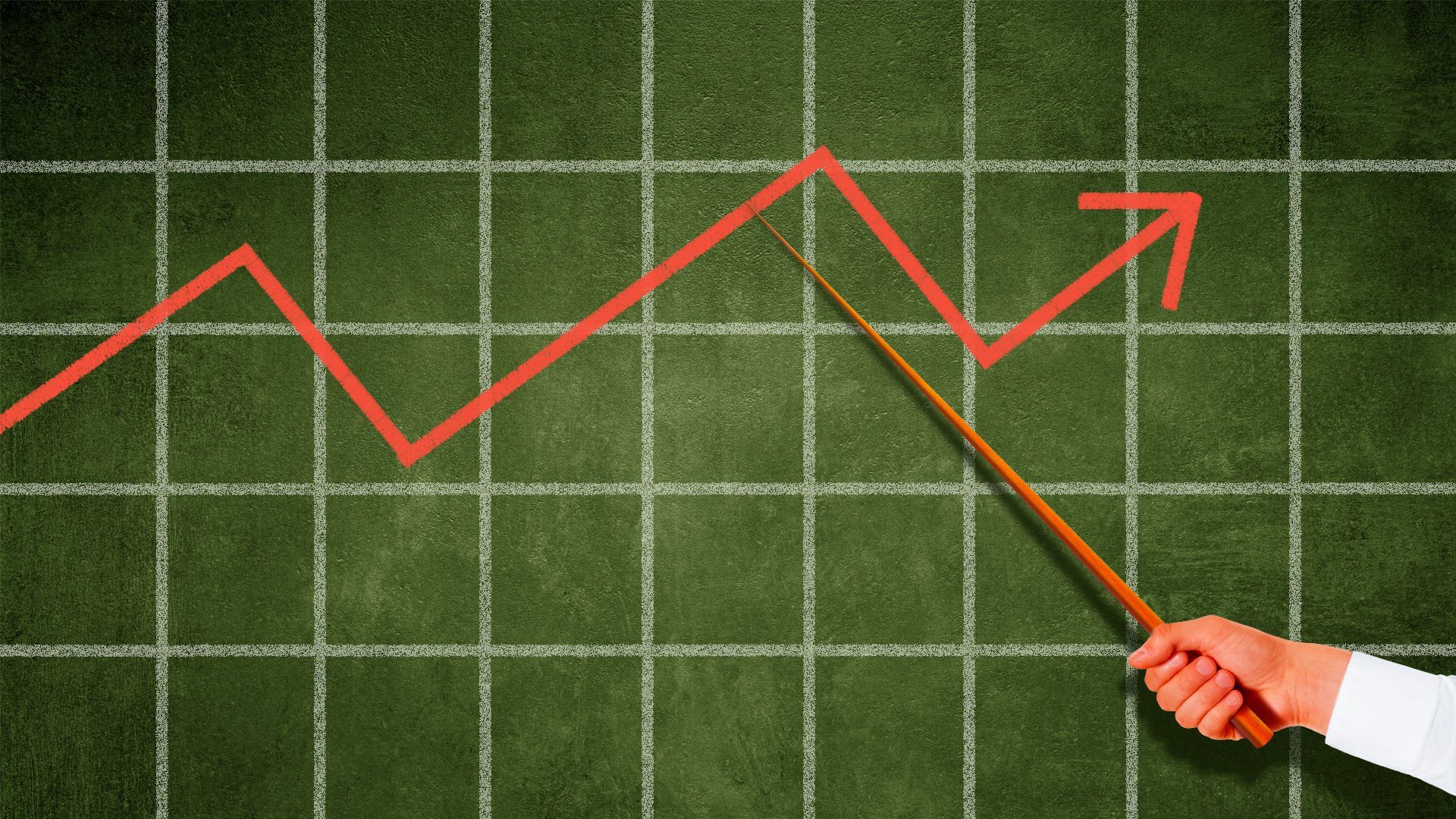 Illustration of a blackboard as a stock chart with someone pointing to it 