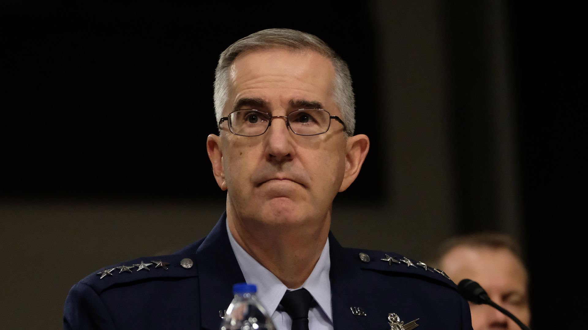 Air Force Gen. John E. Hyten listens during a Senate Armed Services Committee hearing on April 11, 2019 in Washington, DC.