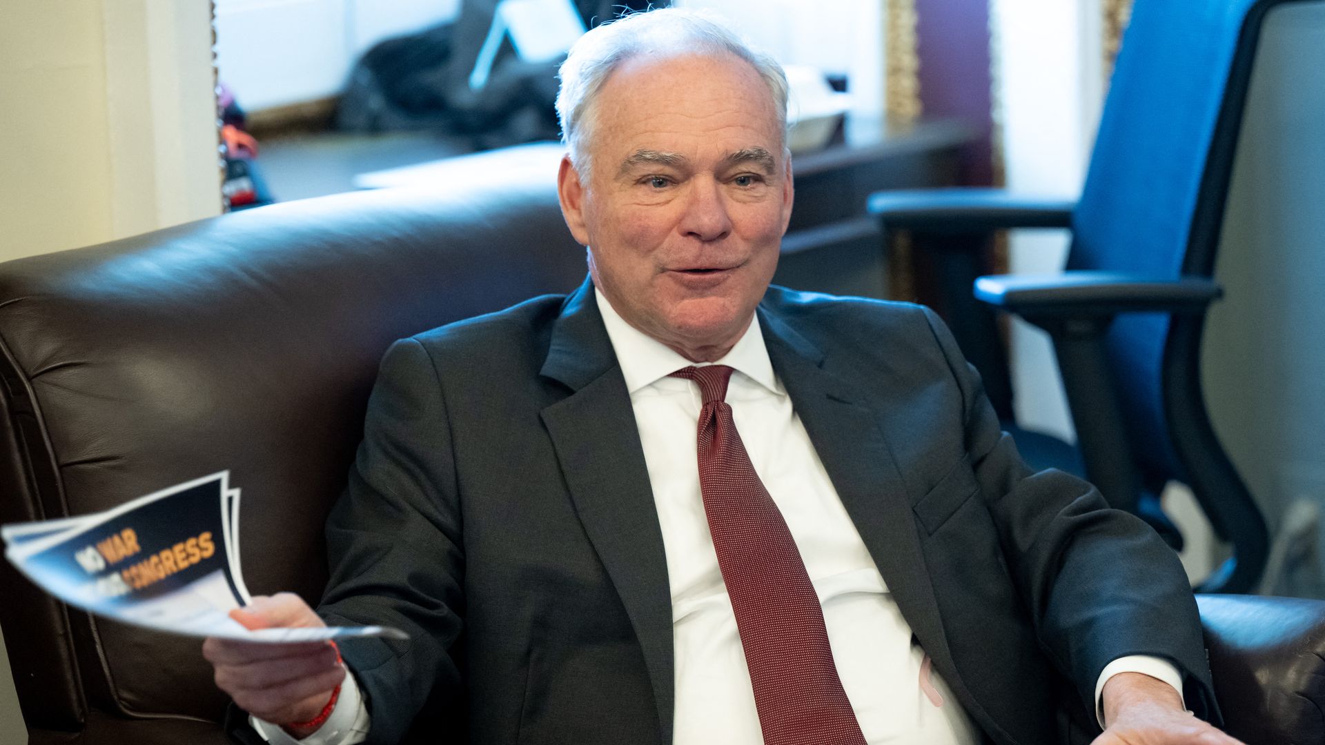 Sen. Tim Kaine speaks with reporters at the U.S. Capitol  about his war powers resolution regarding Venezuela on Nov. 6.