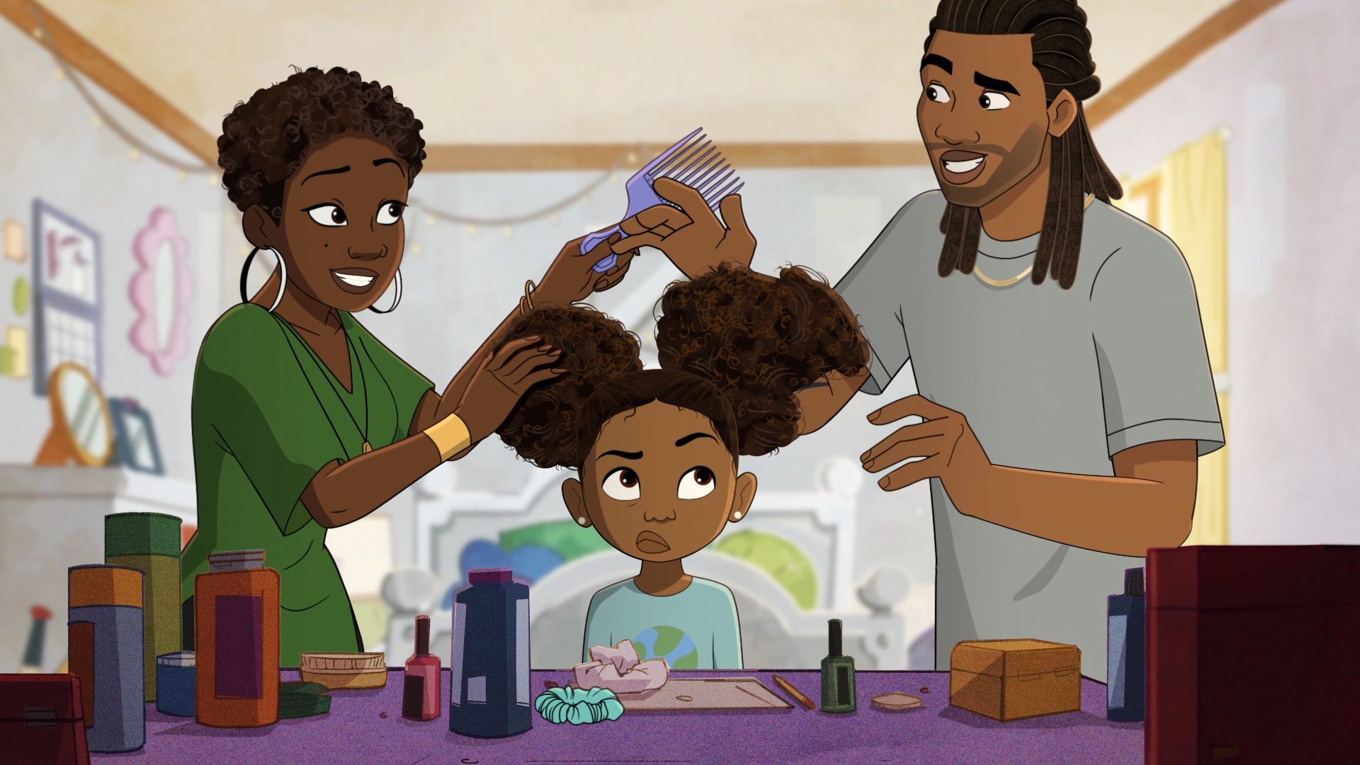 Animated mom does hair of sitting child and dad is on other side.