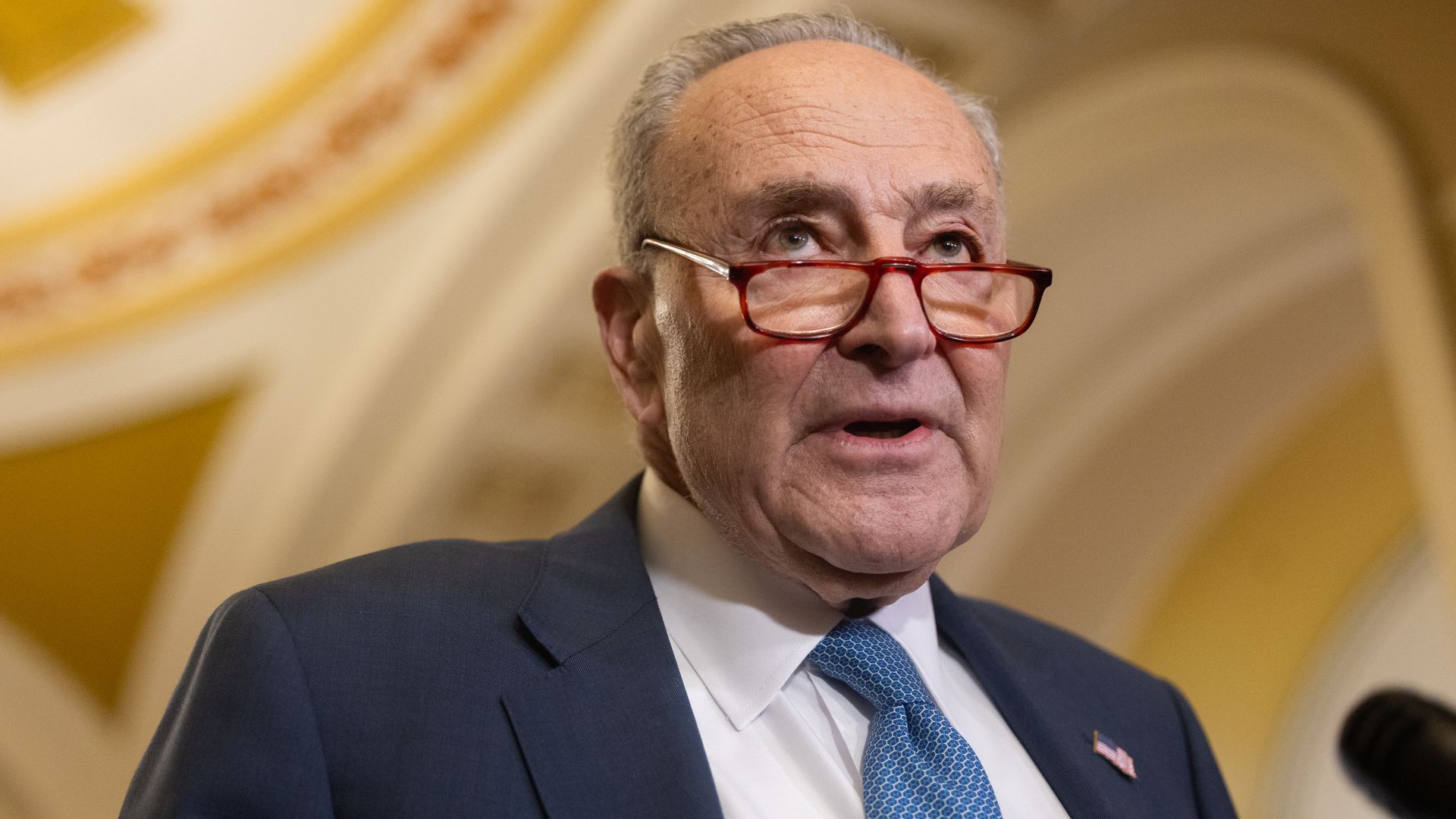 Senate Minority Leader Chuck Schumer (D-NY) speaks at a press conference with other members of Senate Democratic leadership following weekly policy luncheons, in Washington, DC on March 25, 2025.