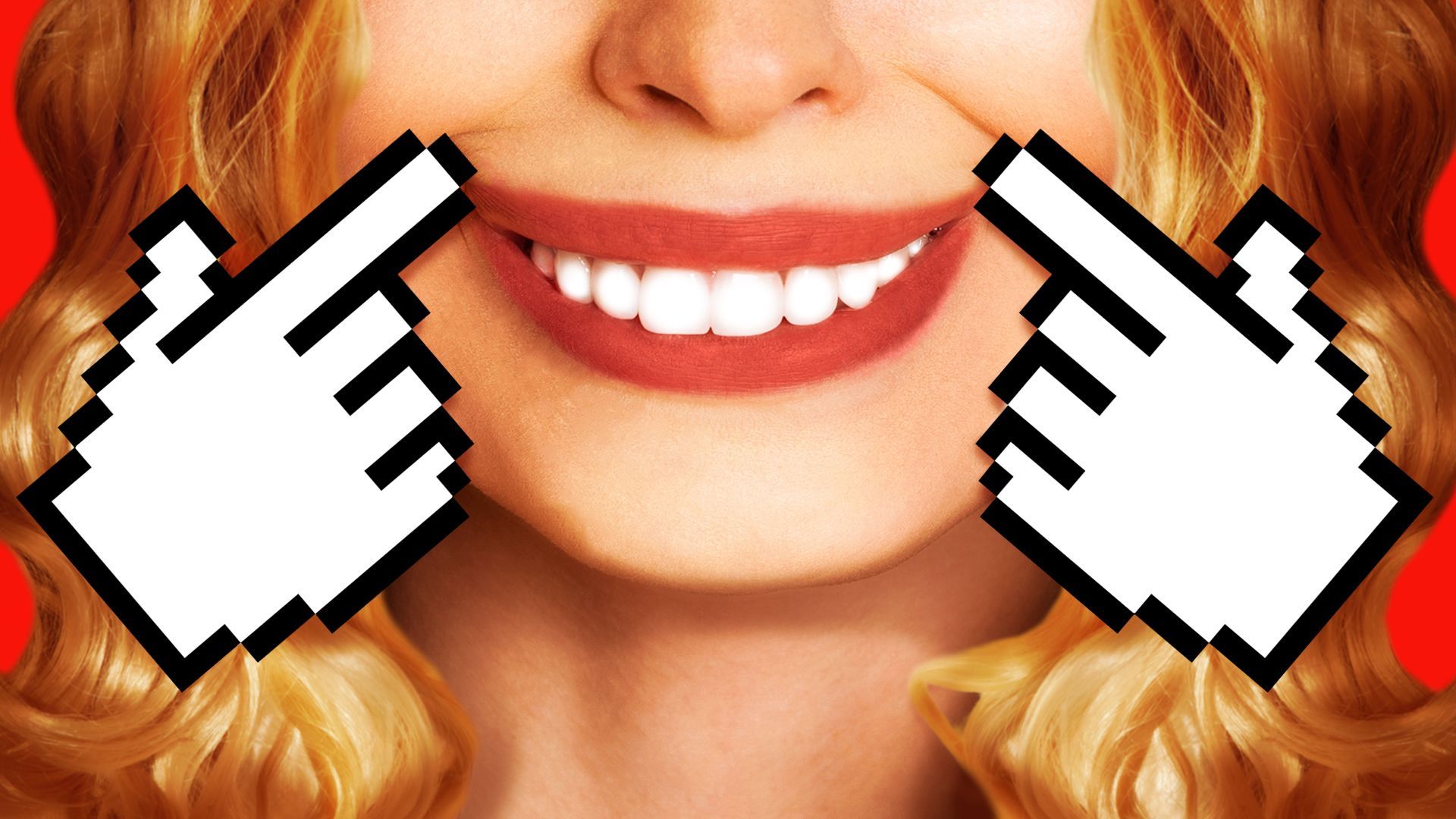 Illustration of two hand pointing cursors pushing a woman's mouth up into a fake smile
