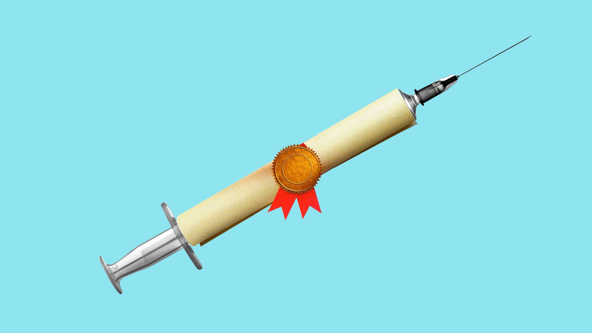 Illustration of a syringe with the barrel made of a rolled up certificate with a seal.  