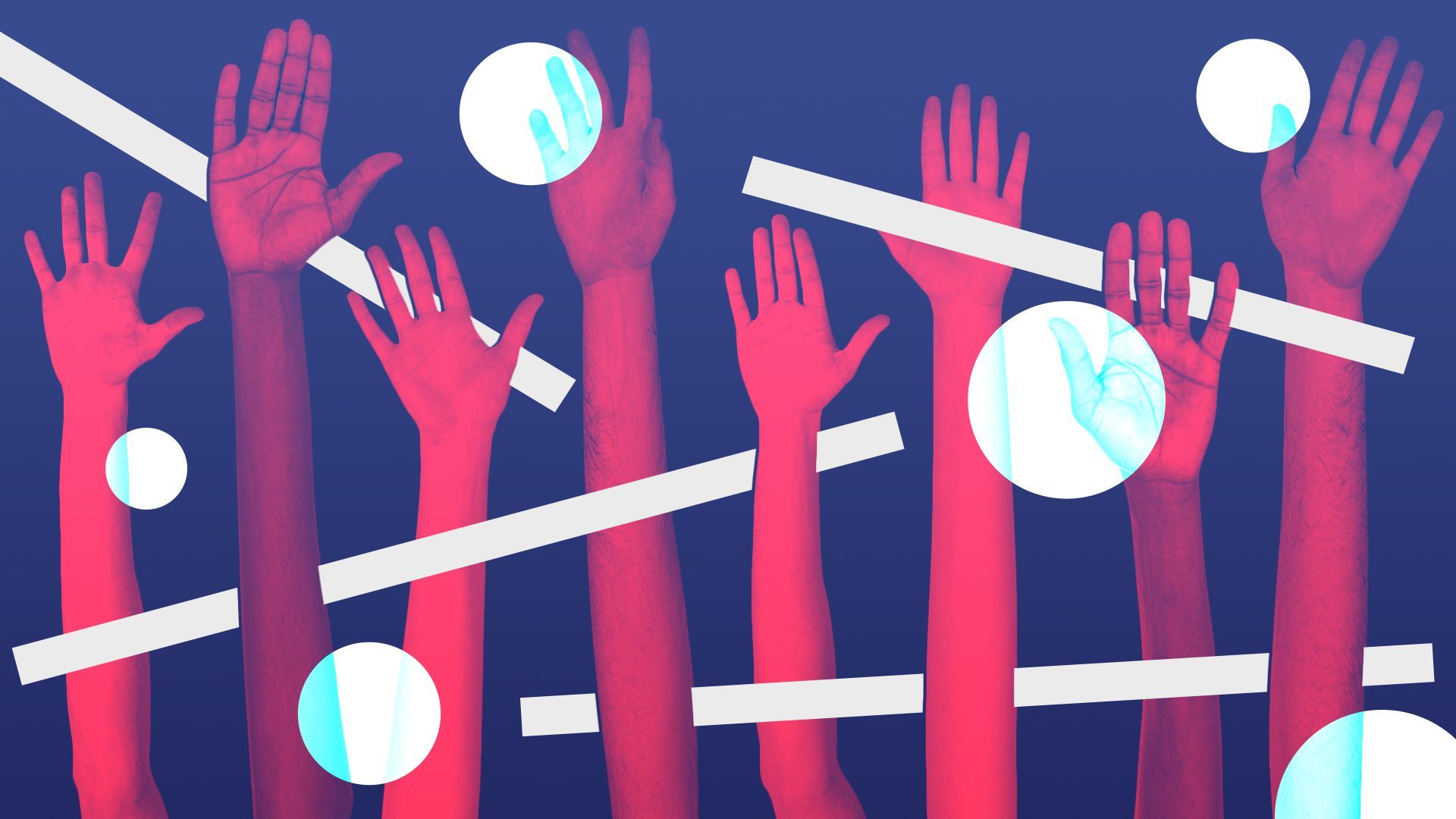 Illustrated collage of hands stretched and raised up in unison surrounded by abstract shapes.