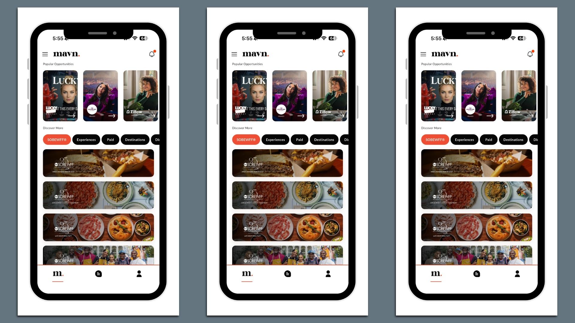 Three identical smartphones displaying the Mayn app interface featuring popular opportunities with images, menu buttons, and food event highlights in a clean white layout.