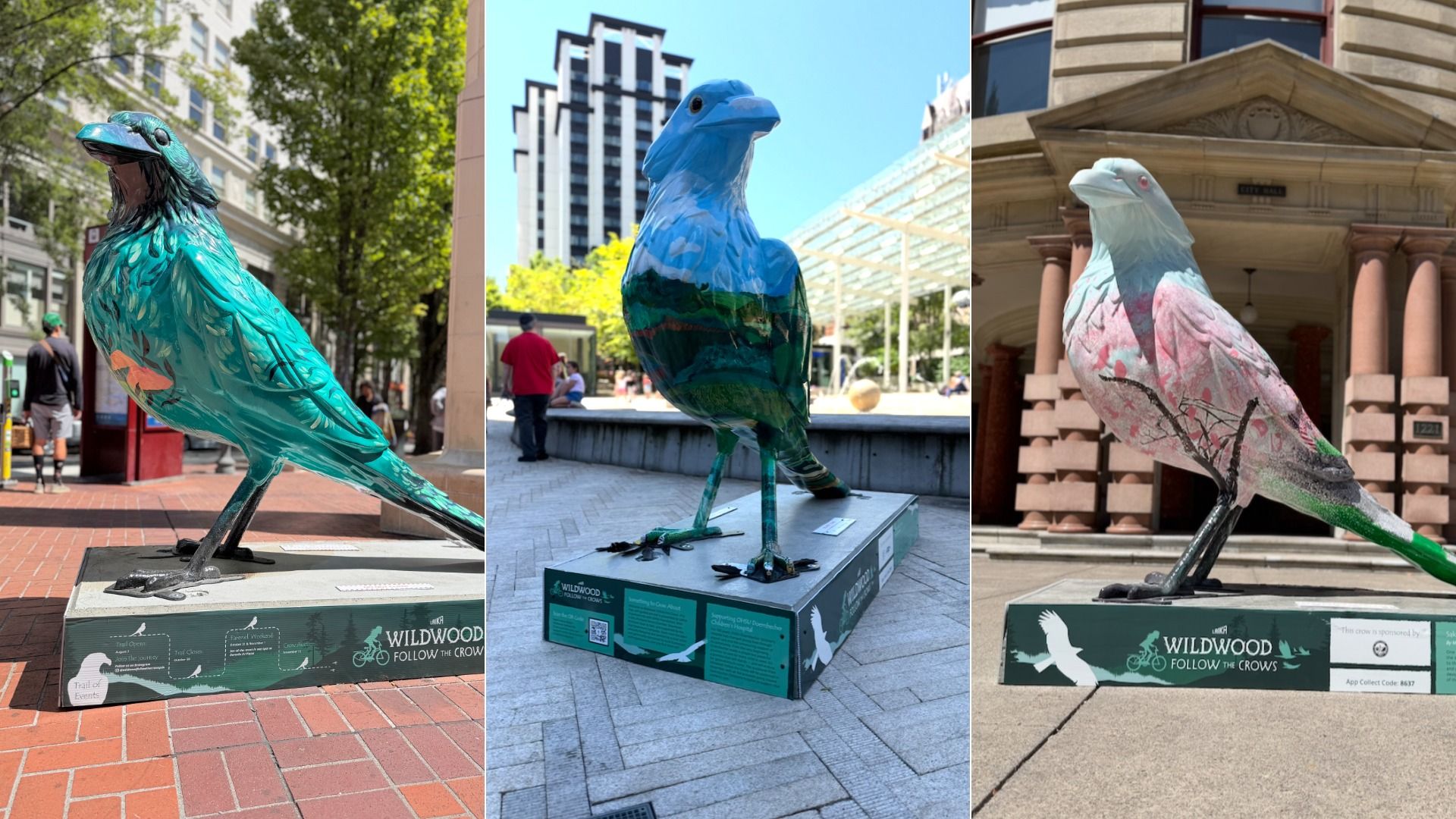 Triptych of three urban crow sculptures on pedestals: left teal-green crow among trees; center bright blue crow with modern buildings behind; right pale pink-blue crow before a neoclassical city hall.