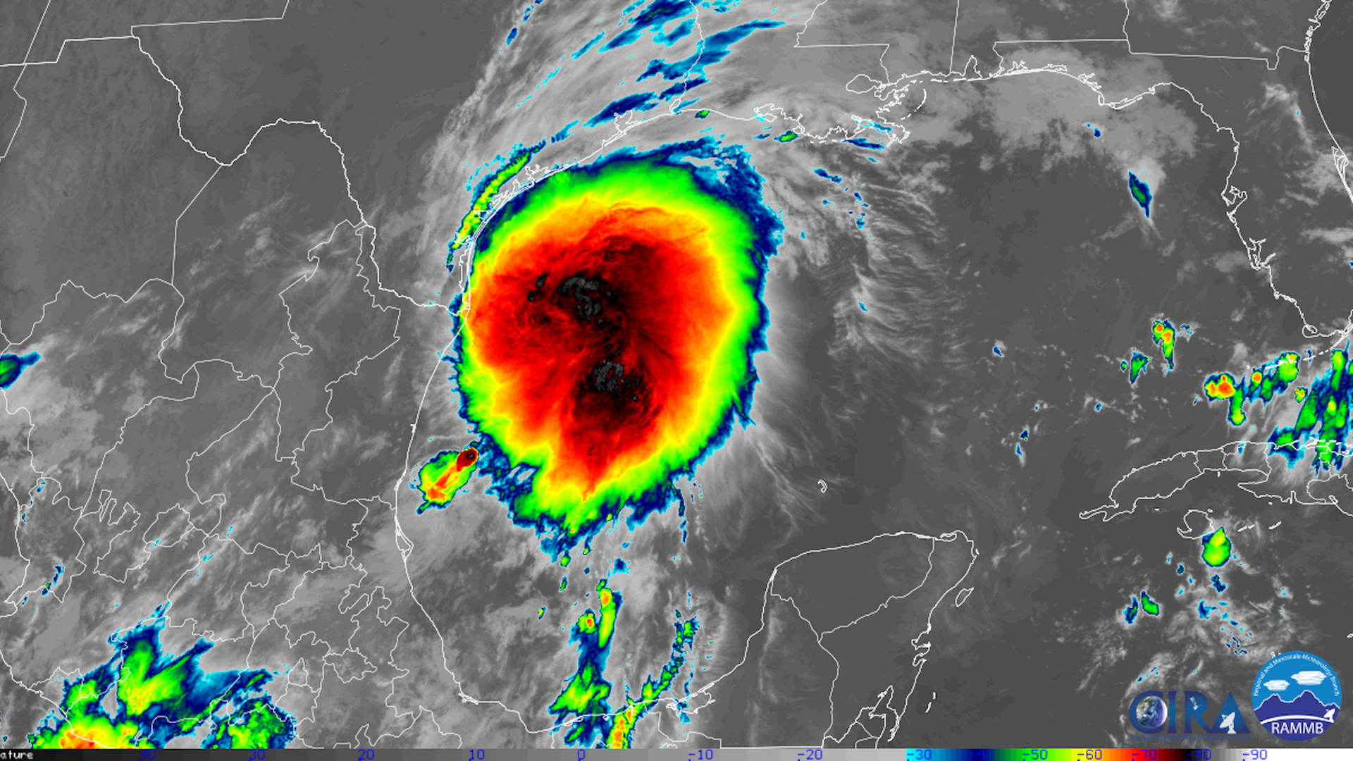 Infrared satellite image of Tropical Storm Nicholas nearing Texas in September 2021.