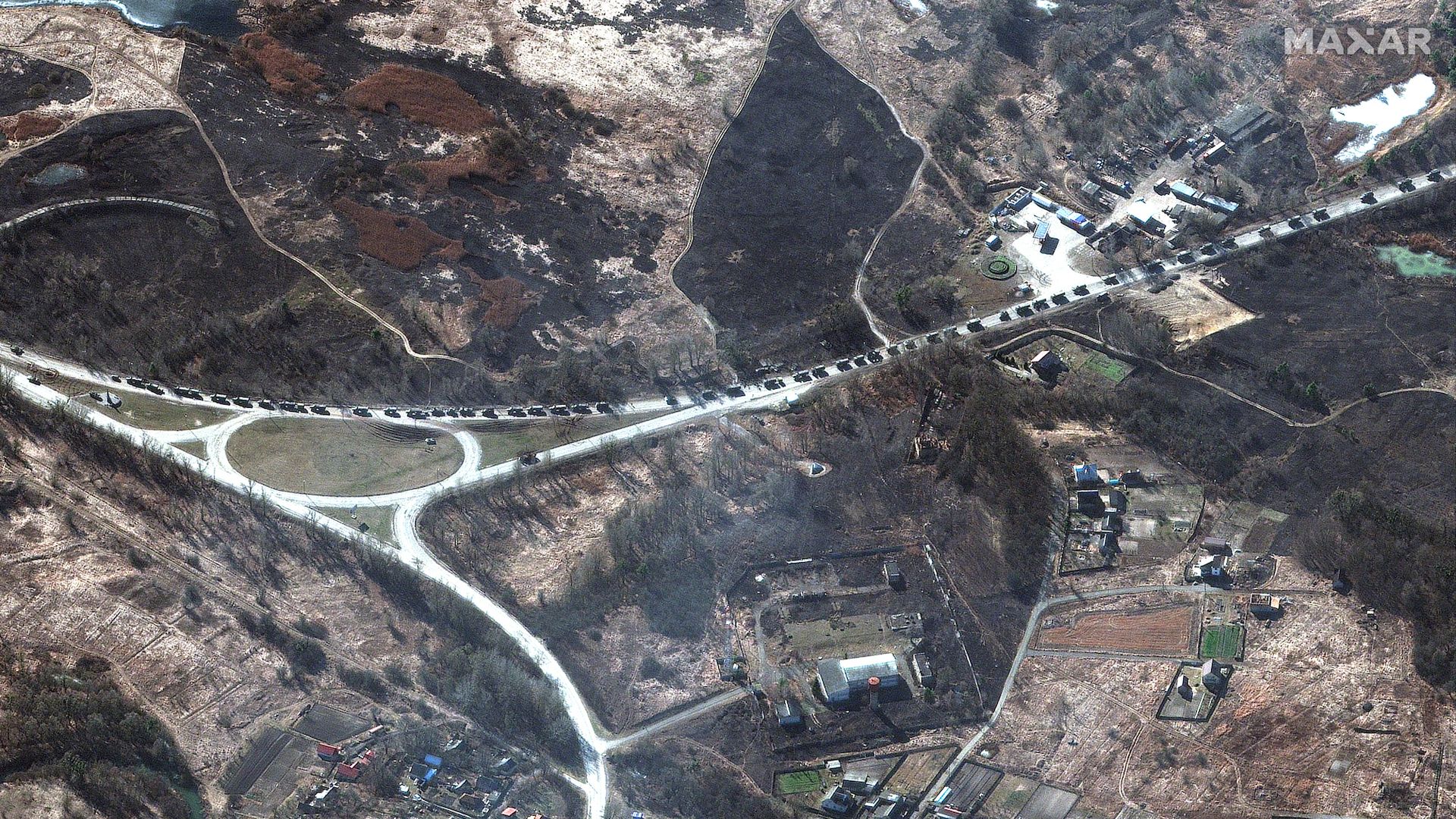 A satellite image of a large Russian military convoy north of Kyiv on Monday, which stretches for about 40 miles