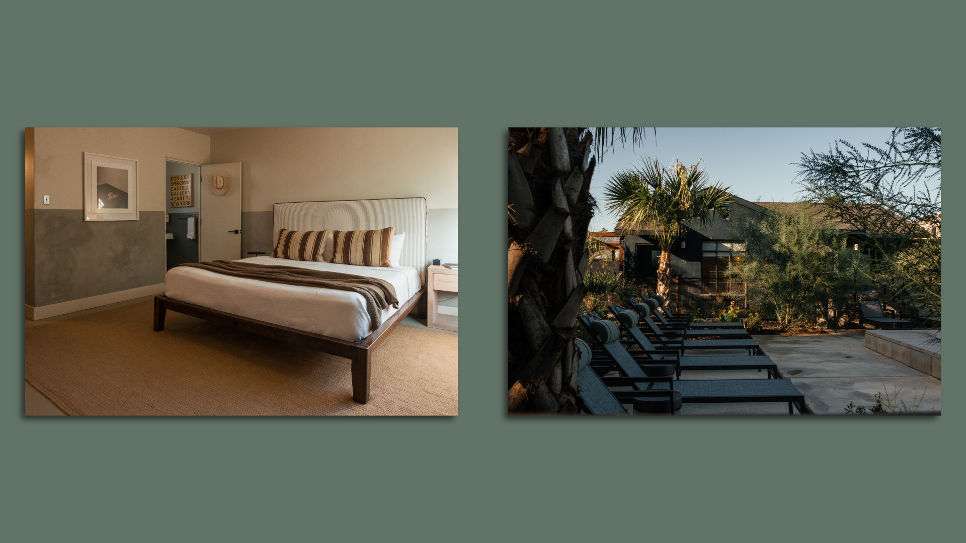 Side-by-side photos on a green background showing a hotel room and pool. 