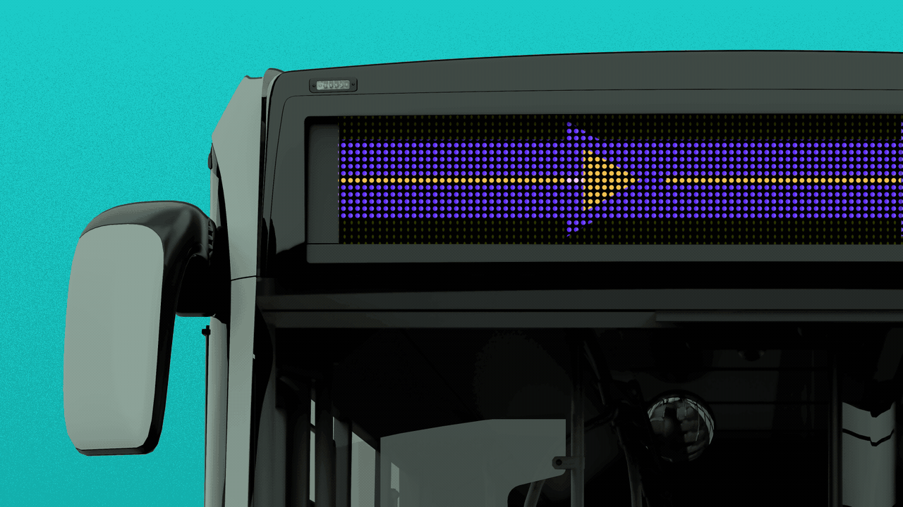 Animated illustration of a bus with the DART arrow design moving from left to right on the next stop screen.