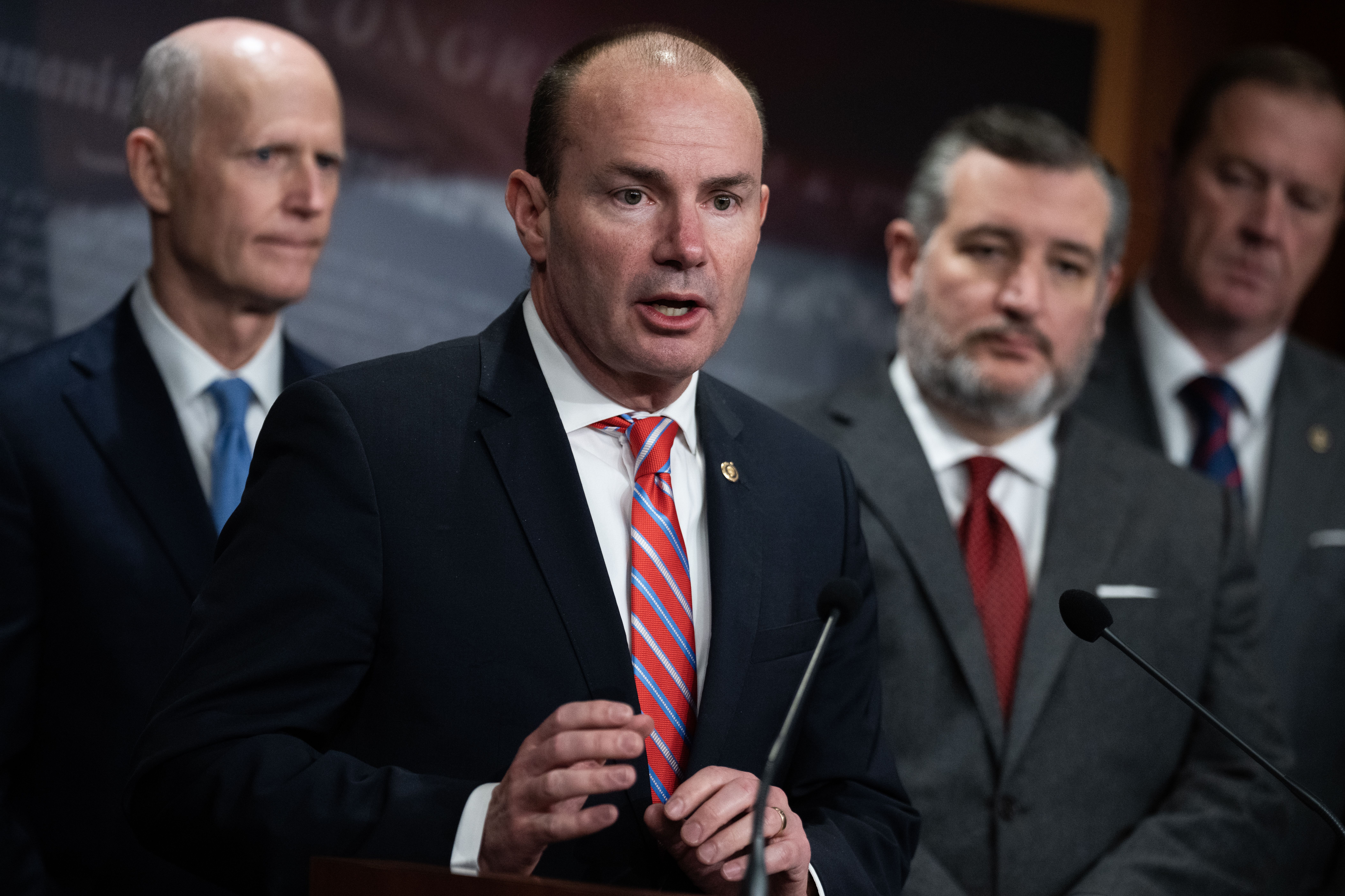 From left, Sens. Rick Scott, R-Fla., Mike Lee, R-Utah, Ted Cruz, R-Texas, Eric Schmitt, R-Mo. 