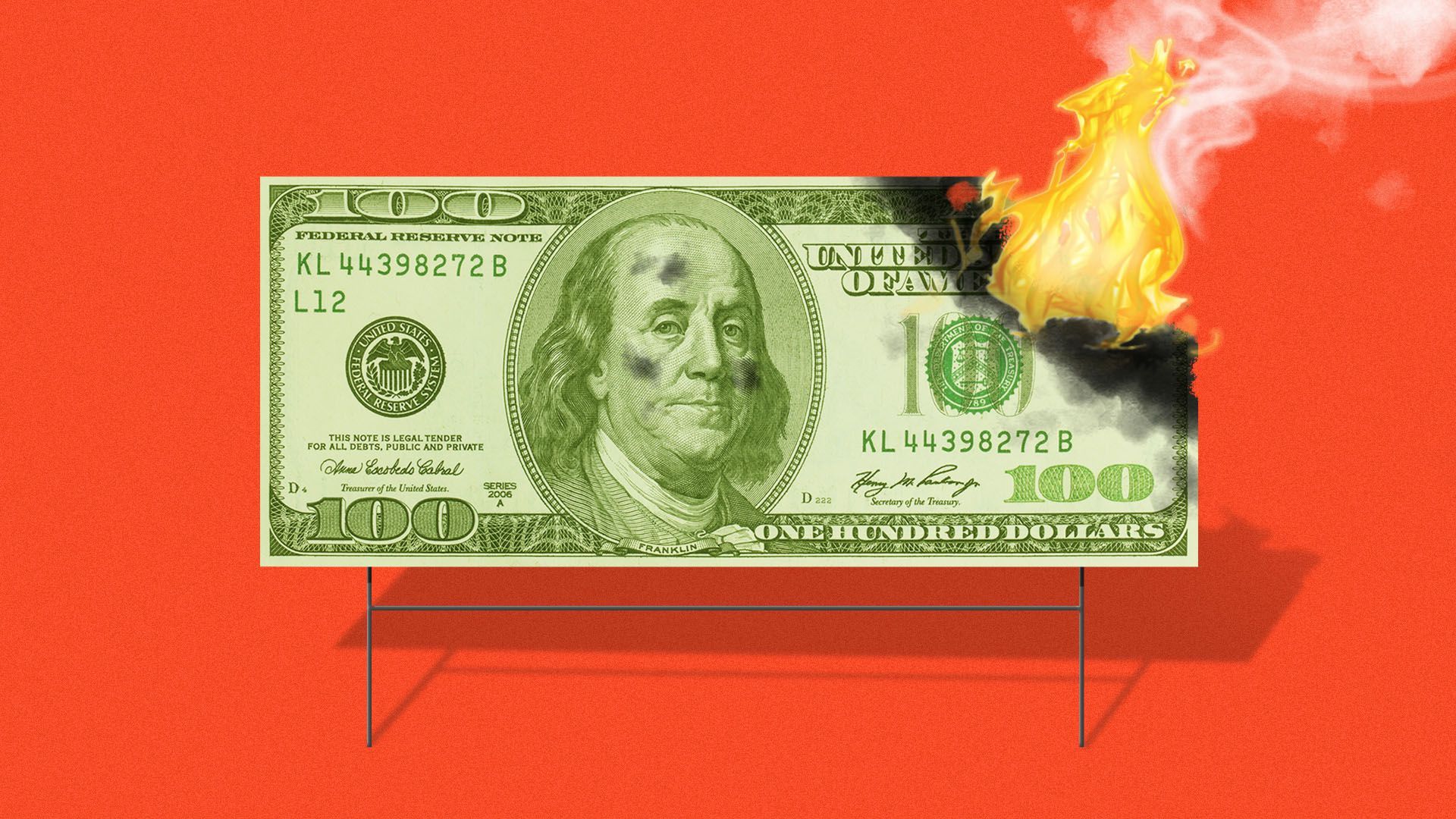 Illustration of a dollar bill as a lawn sign on fire