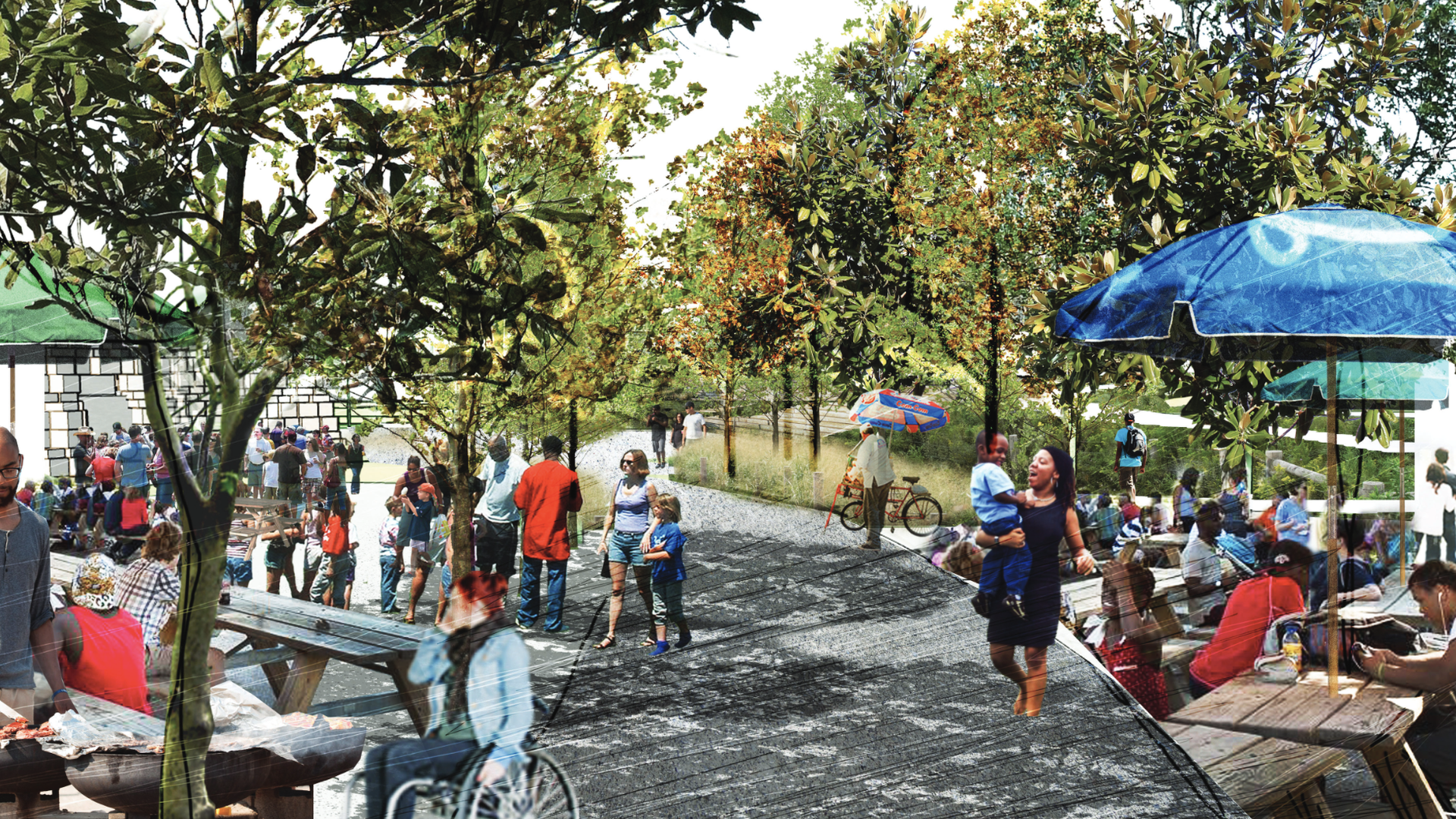 A rendering of the picnic grove at Gipson Play Plaza.