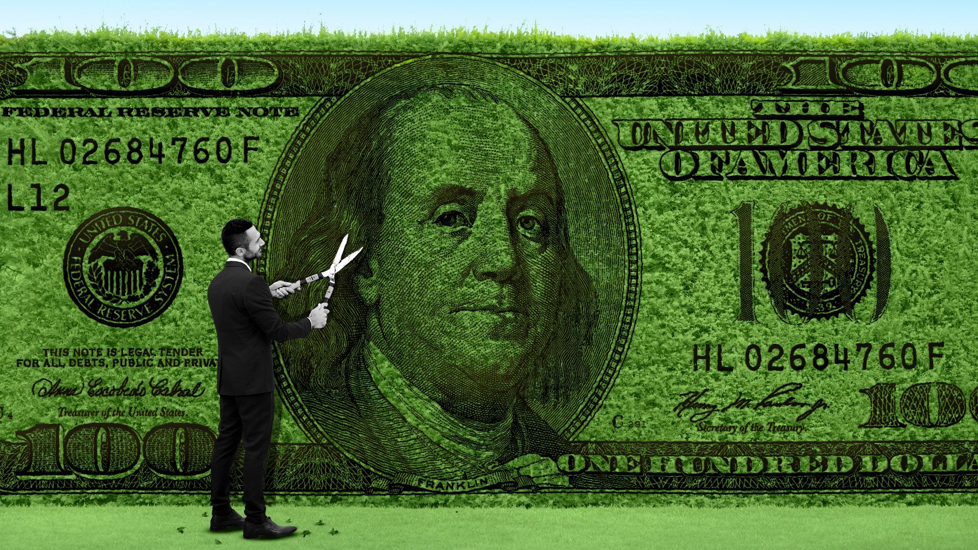 Illustration of a man in a suit holding garden shears trimming a hedge in the shape of a hundred dollar bill. 