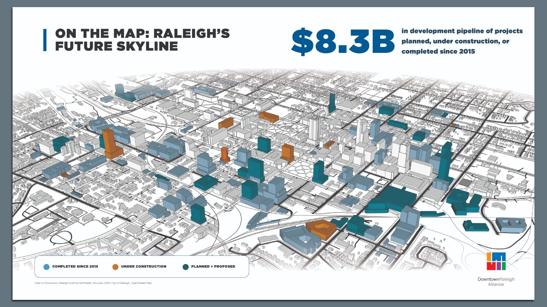 3D map of downtown Raleigh's future skyline projects totaling $8.3B planned, under construction, or completed since 2015, with buildings colored blue, orange, and teal to denote project status.