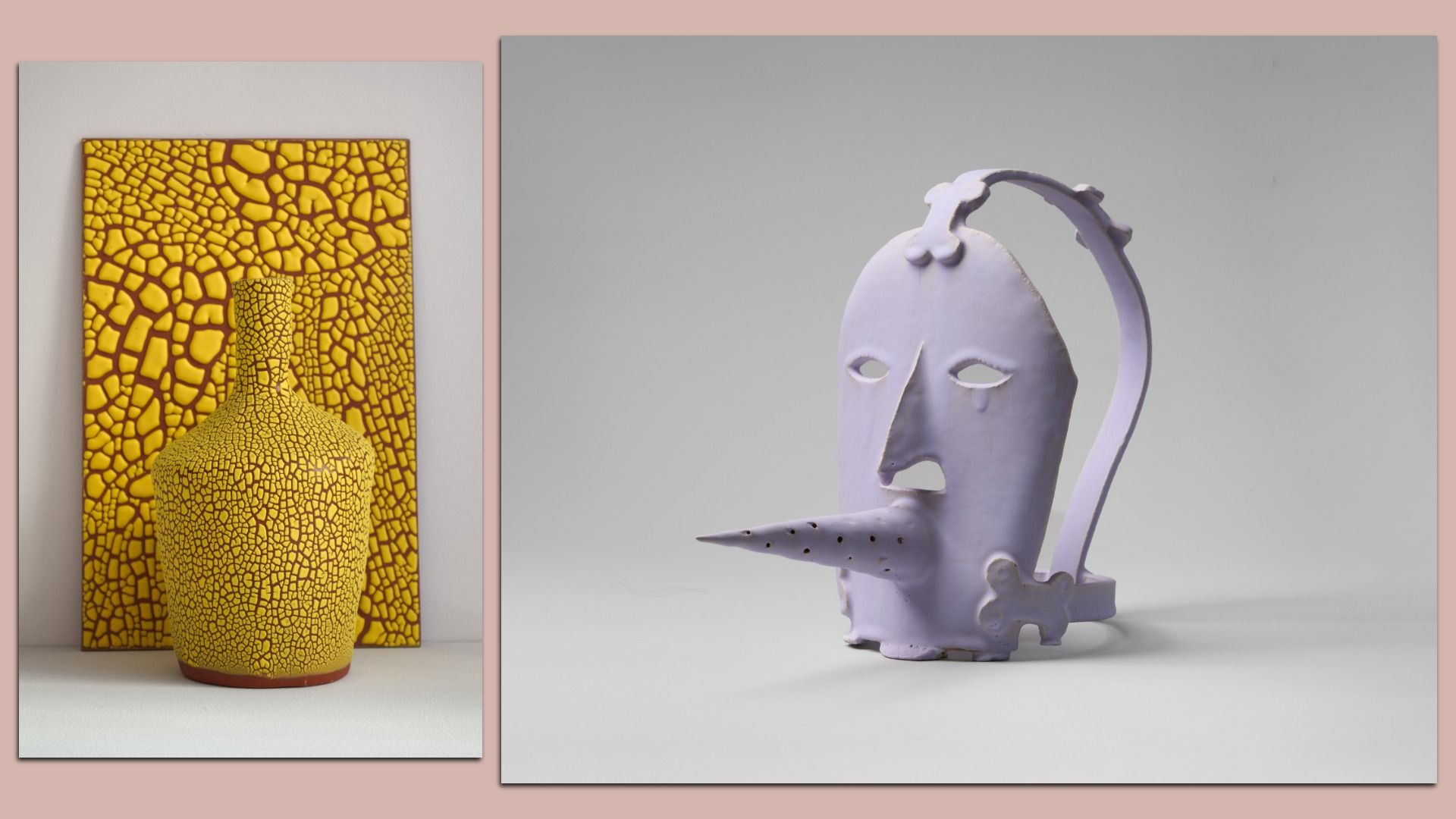 Two art pieces in separate photos: left a yellow crackle-glaze ceramic vase with a matching cracked-panel backdrop; right a lavender mask-like sculpture.