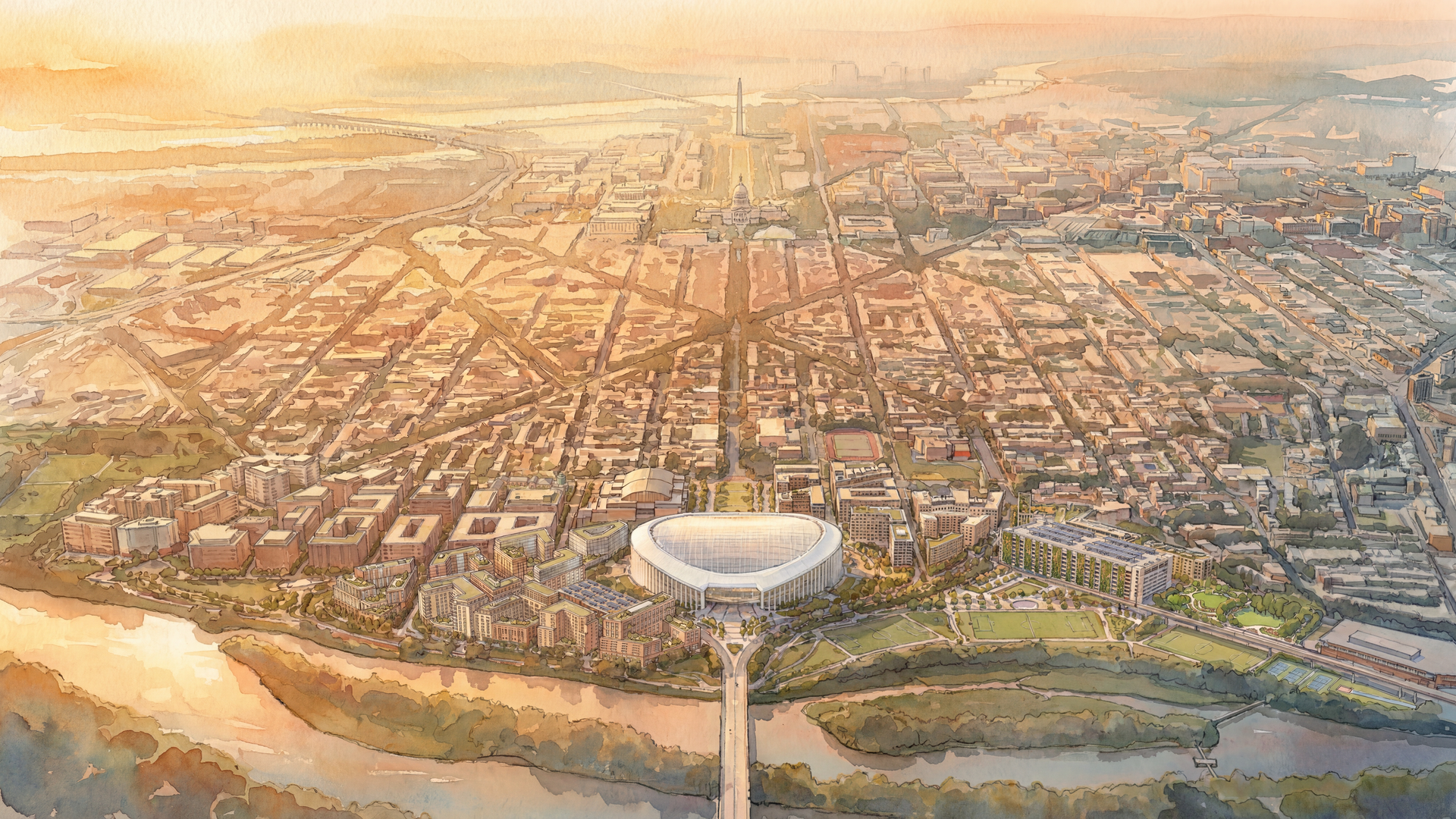 Watercolor aerial view of a sunlit city at sunset: a large circular stadium in the foreground, a dense grid of buildings and diagonal streets, a distant tall obelisk, and a coastline to the left.