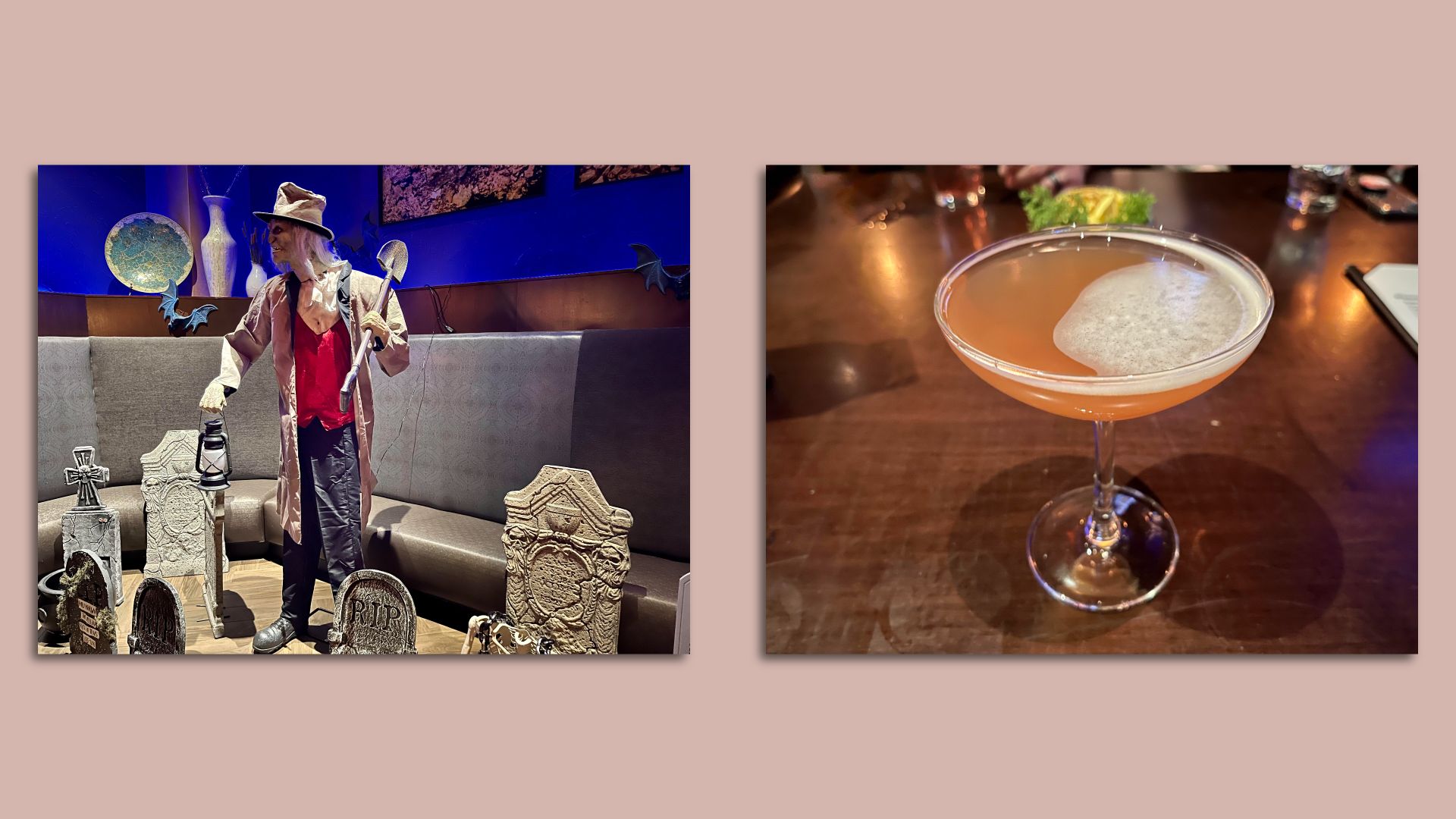 A Halloween decor display shows a creepy man surrounded by gravestones. Next photo is a bourbon honey cocktail.