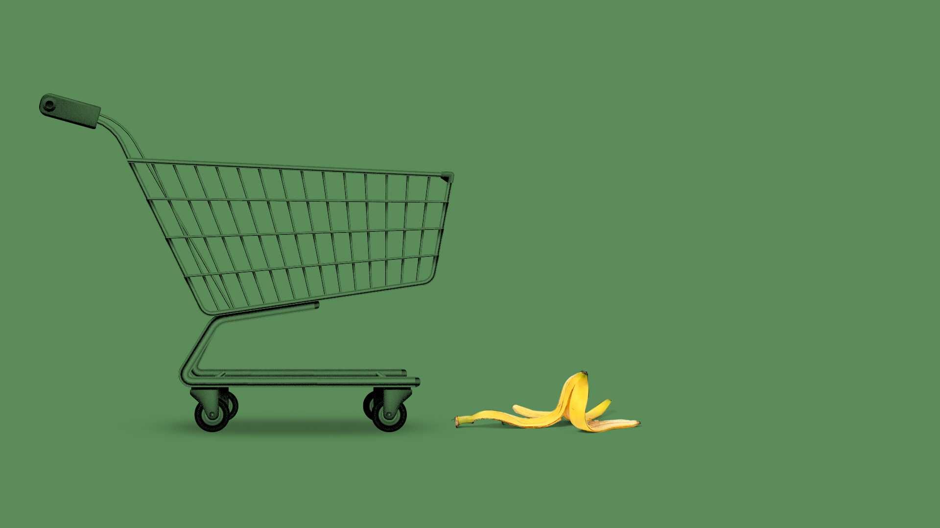 Shopping cart approaching a banana peel.