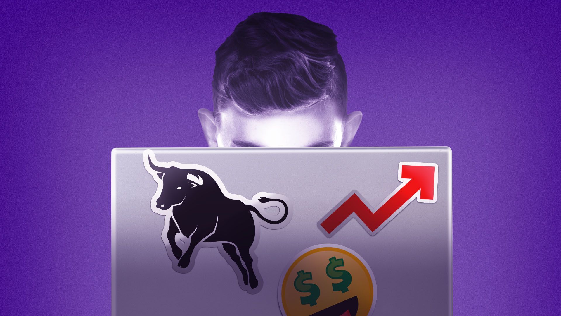 Illustration of a teenager on a laptop covered in wall-street related decals including a bull, a trend line, and an emoji with dollar sign eyes