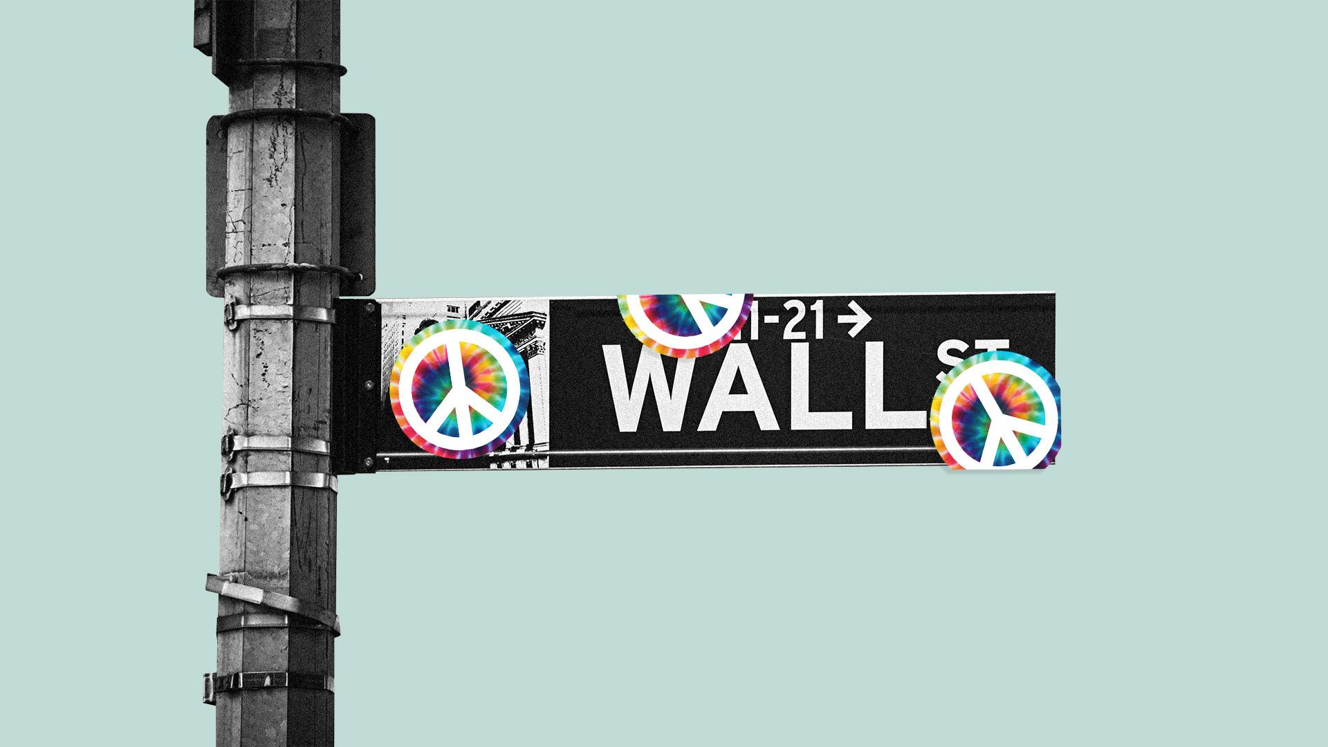 Illustration of the Wall Street sign with peace sign stickers all over it