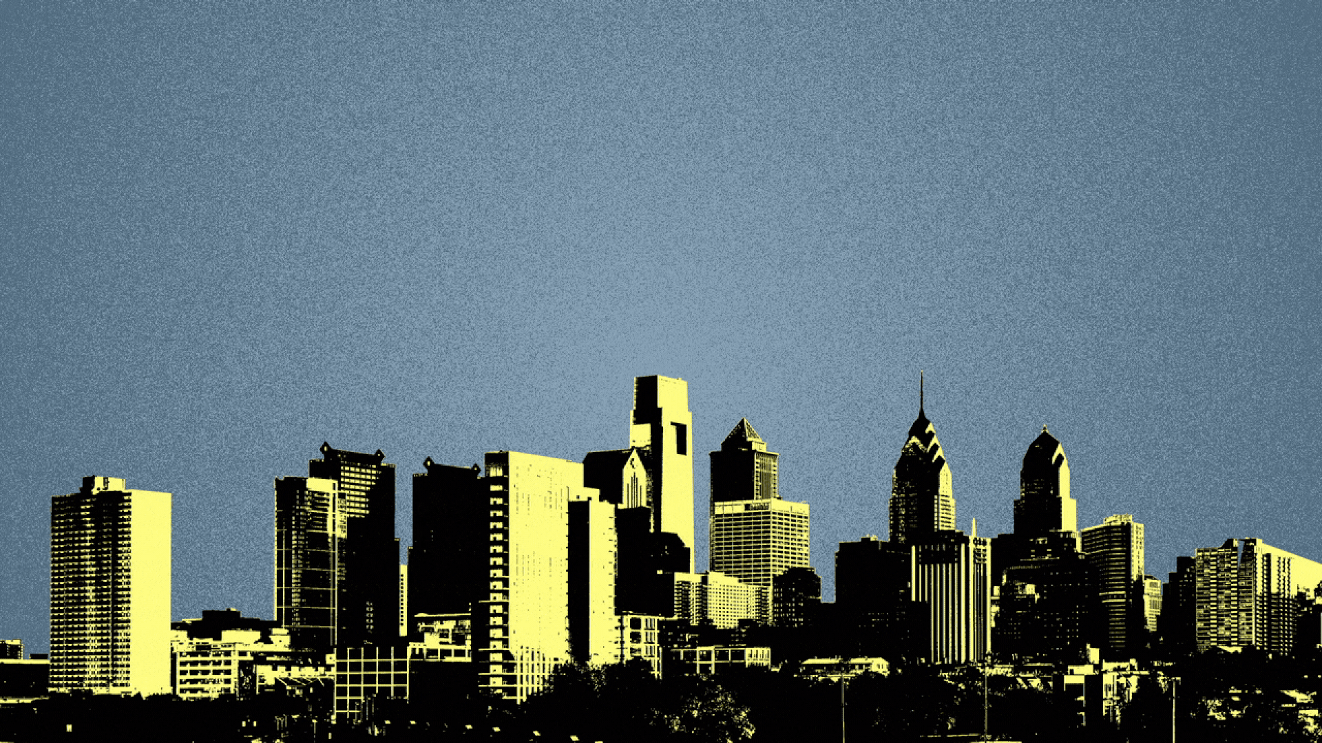 Illustration of the Philadelphia skyline with word balloons filled with exclamation points popping up over it.