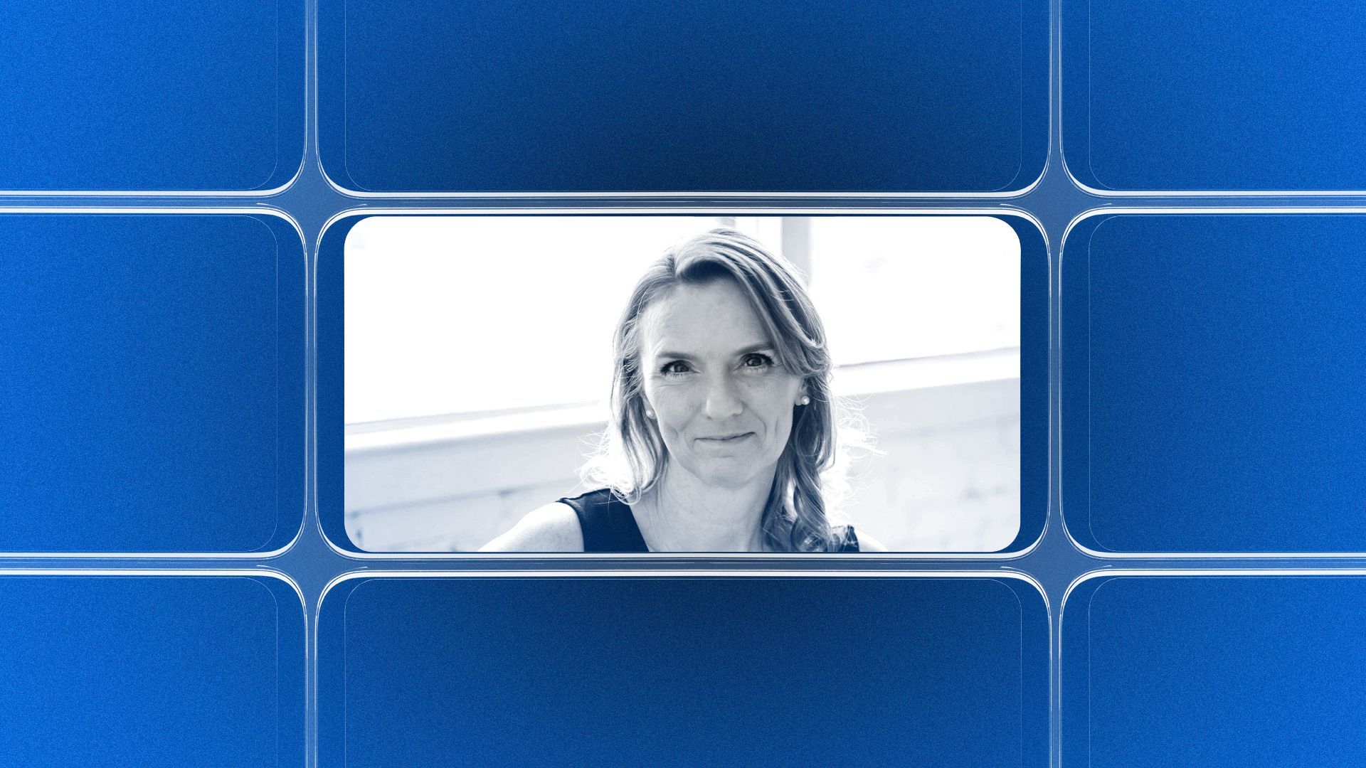 Photo illustration of a grid of smartphone screens, the center one showing an image of Laura Beil.