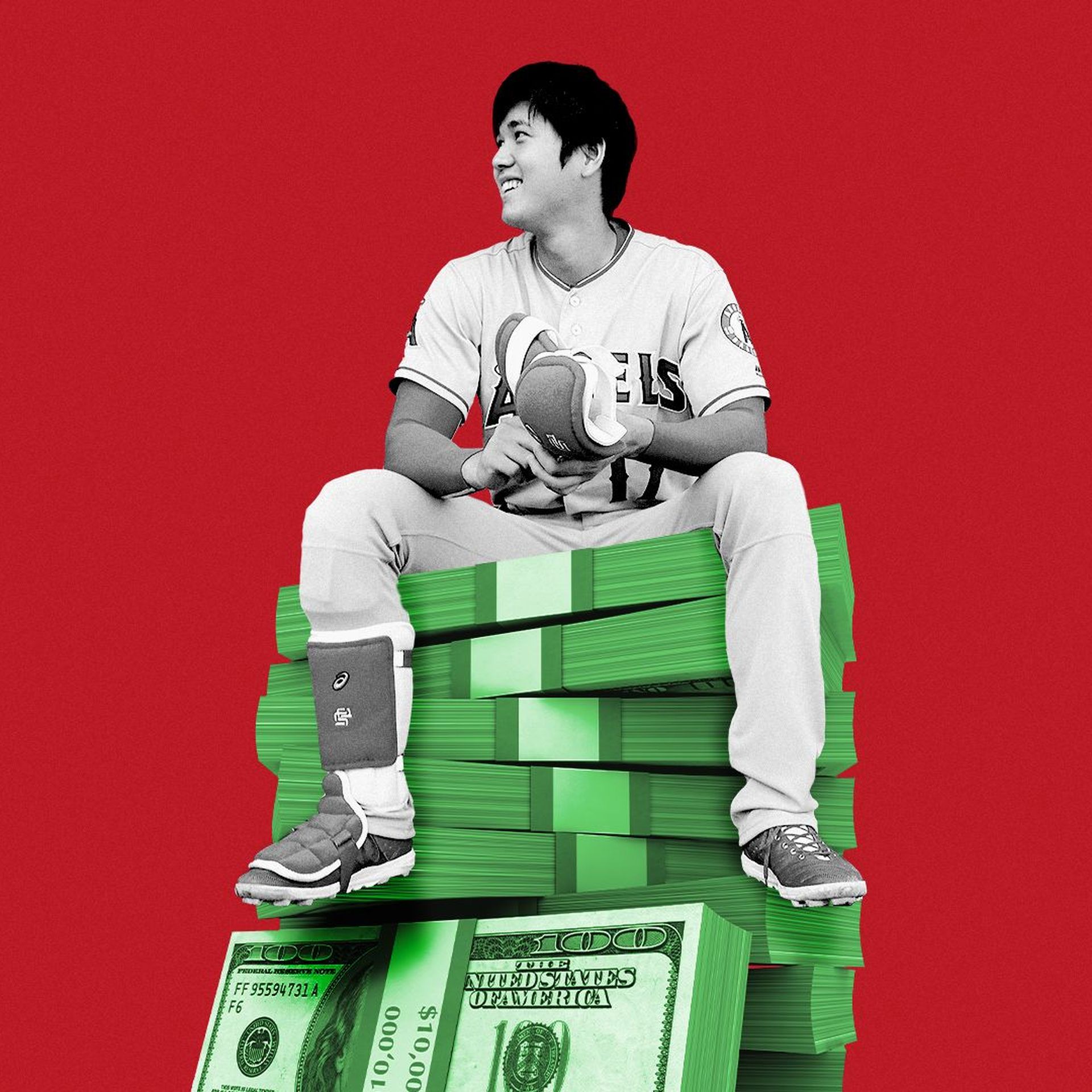 Photo illustration of Shohei Ohtani sitting on a bundle of cash