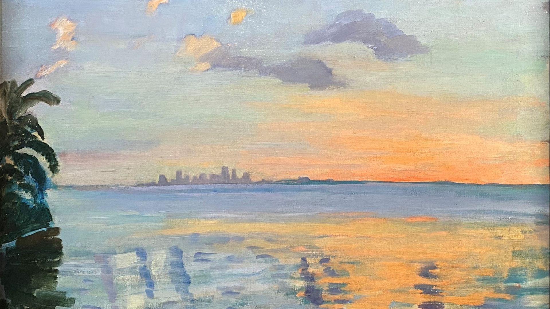 A painting of Biscayne bay in Miami and a city in the distance 
