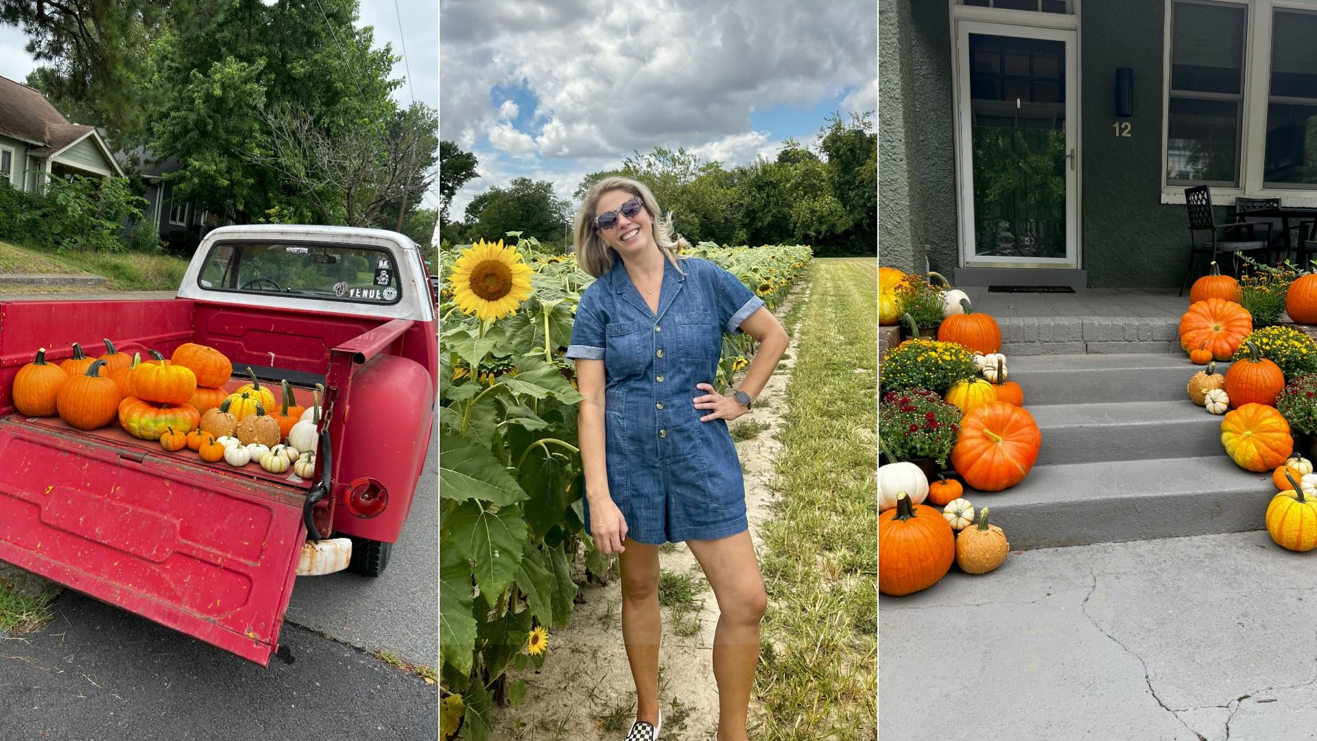 Three images showing a red truck bed filled with various pumpkins, a woman in a blue dress standing in a sunflower field, and a housefront decorated with pumpkins and yellow flowers around the stairs.