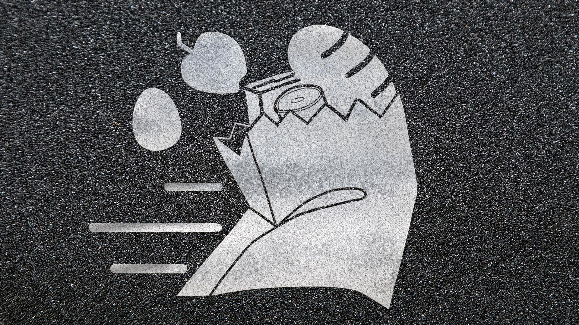Illustration of a grocery bag and food graphic on asphalt.