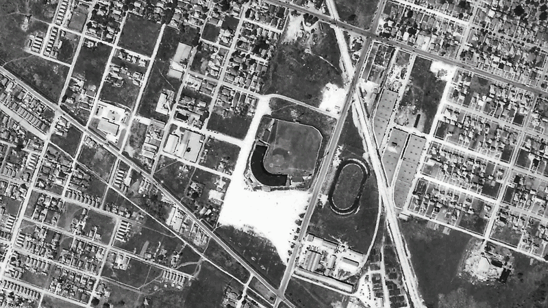Animation showing three aerial views of southeast Houston in 1944, 2022 and 2025