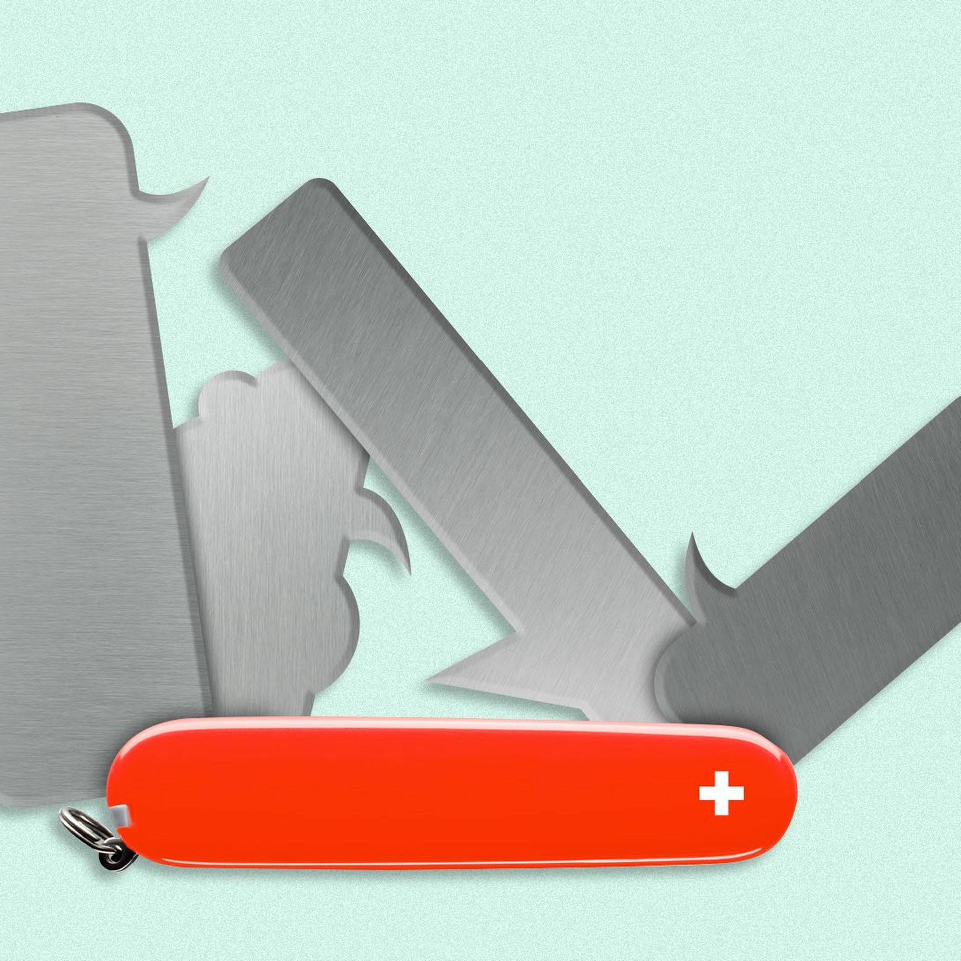Illustration of a swiss army knife with various speech bubbles being pulled out. 